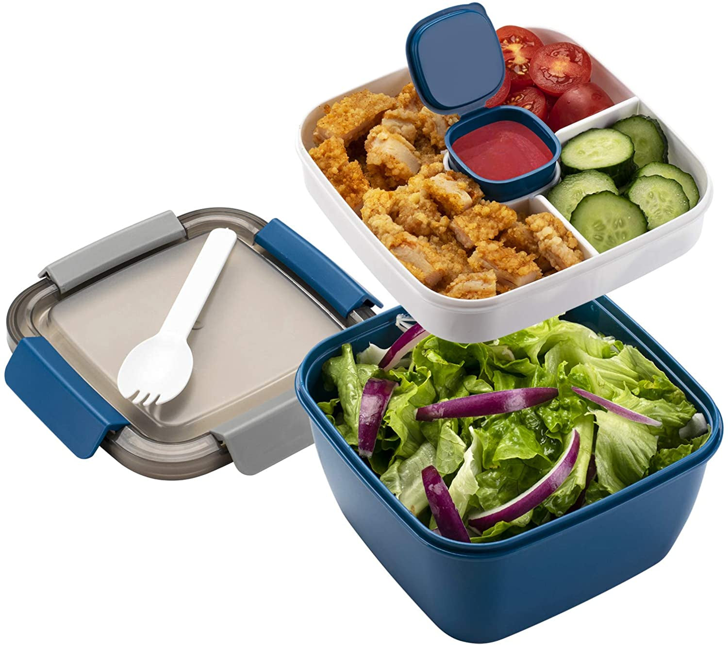 Freshmage Salad Lunch Container to Go, 52-Oz Salad Bowls with 3 Compartments, Salad Dressings Container for Salad Toppings, Snacks, Men, Women (Blue)
