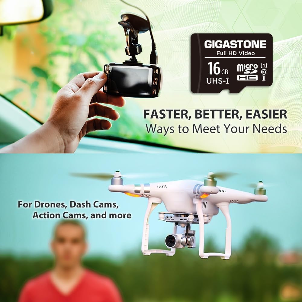 GIGASTONE 16GB Micro SD Card 2-Pack, FHD Video, Surveillance Security Cam Action Camera Drone, 85Mb/S Micro SDHC UHS-I U1 Class 10