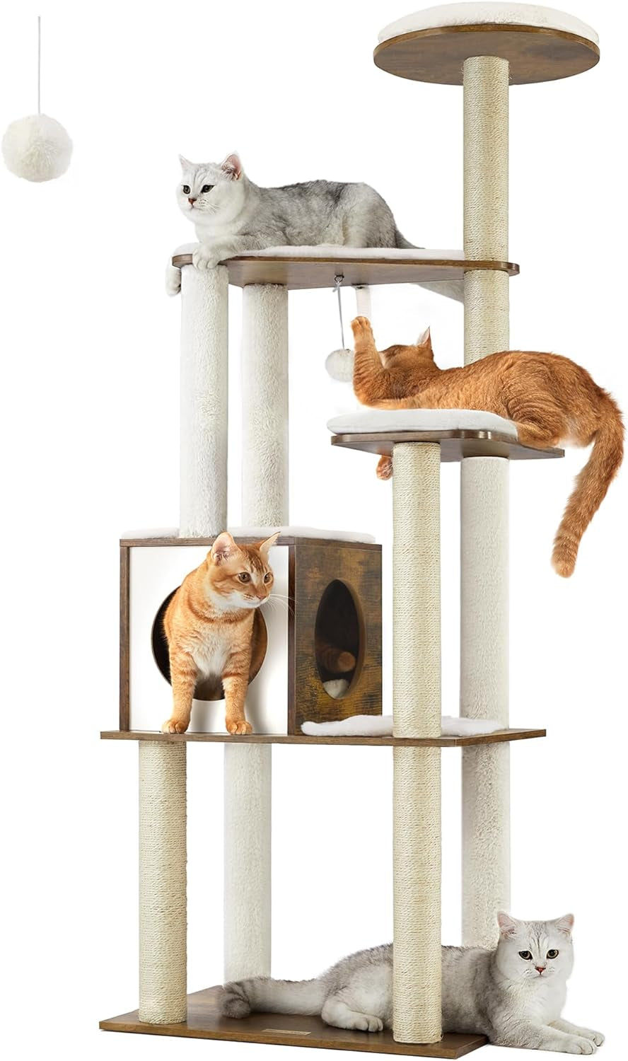 Feandrea Woodywonders Cat Tree, 65-Inch Modern Cat Tower for Indoor Cats, Multi-Level Cat Condo with 5 Scratching Posts, Perch, Washable Removable Cushions, Cat Furniture, Rustic Brown UPCT166X01