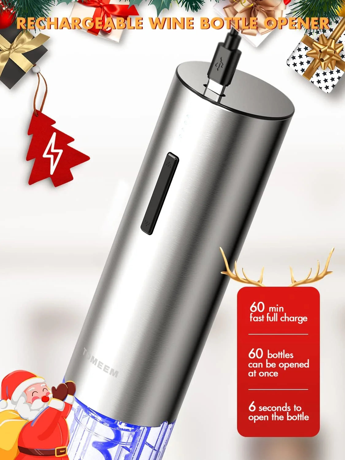 4-Piece Stainless Steel Wine Opener Set with Rechargeable Electric Wine Bottle Opener