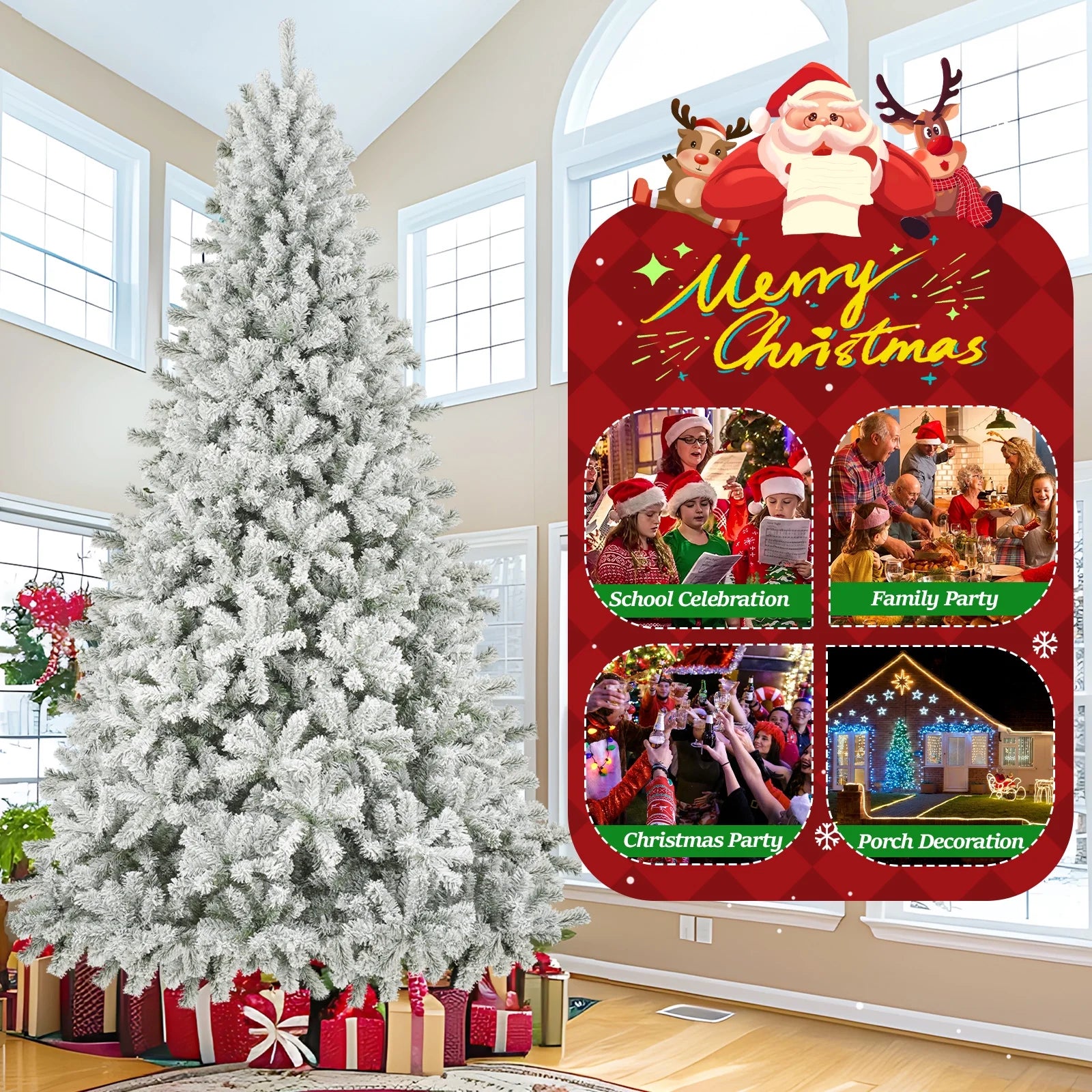 9Ft Snow Flocked Christmas Tree with 2028 Tips, Artificial Snowy Xmas Pine Tree with Reinforced Metal Base for Home Office Party Holiday Decorations ,White(No Light)