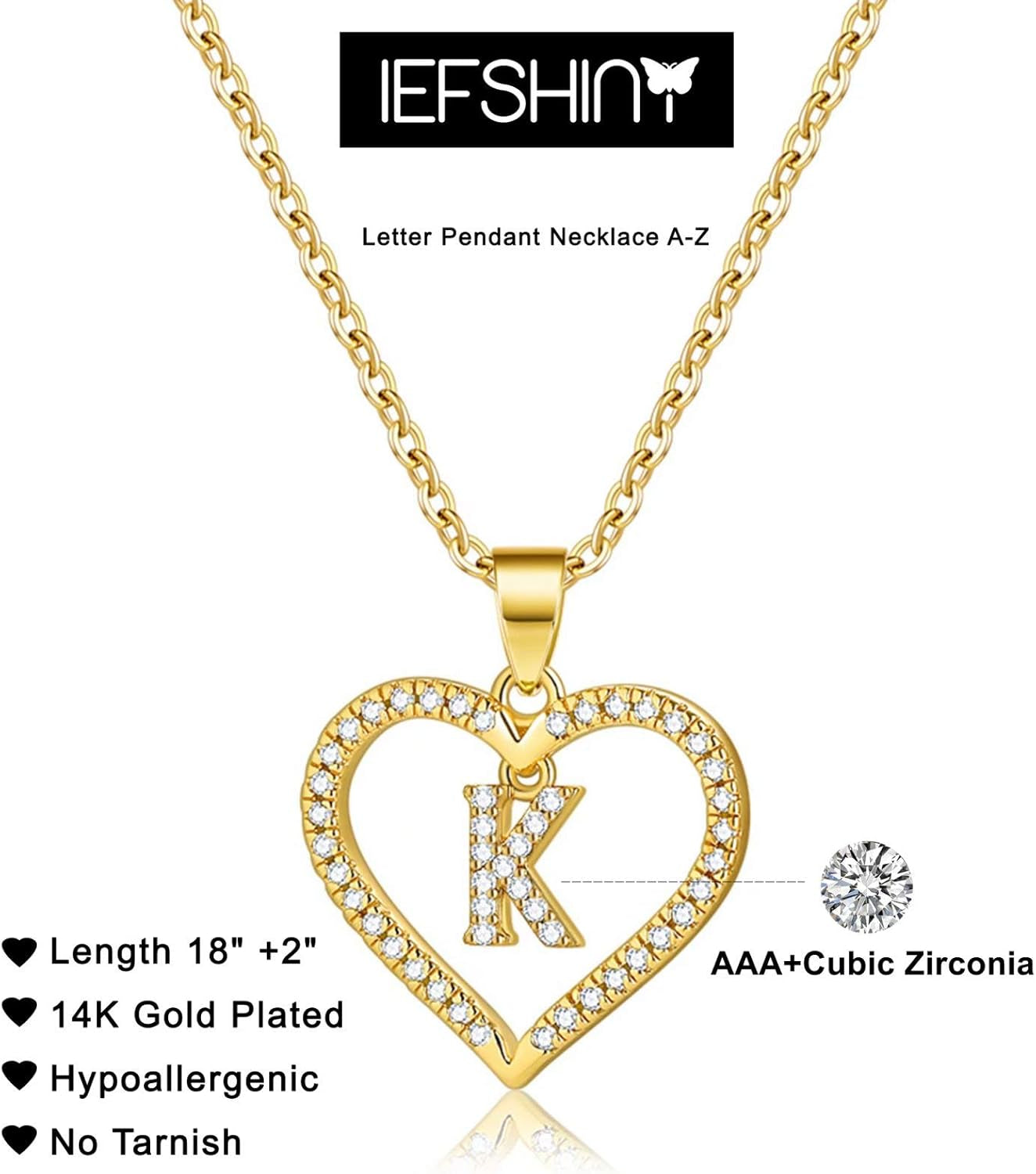 IEFSHINY Initials Letter Necklace for Women and Girls, 14K Gold Plated K Letter Big CZ Pendant Necklace for Teens, Jewelry Gift for Mother'S Day and Valentine'S