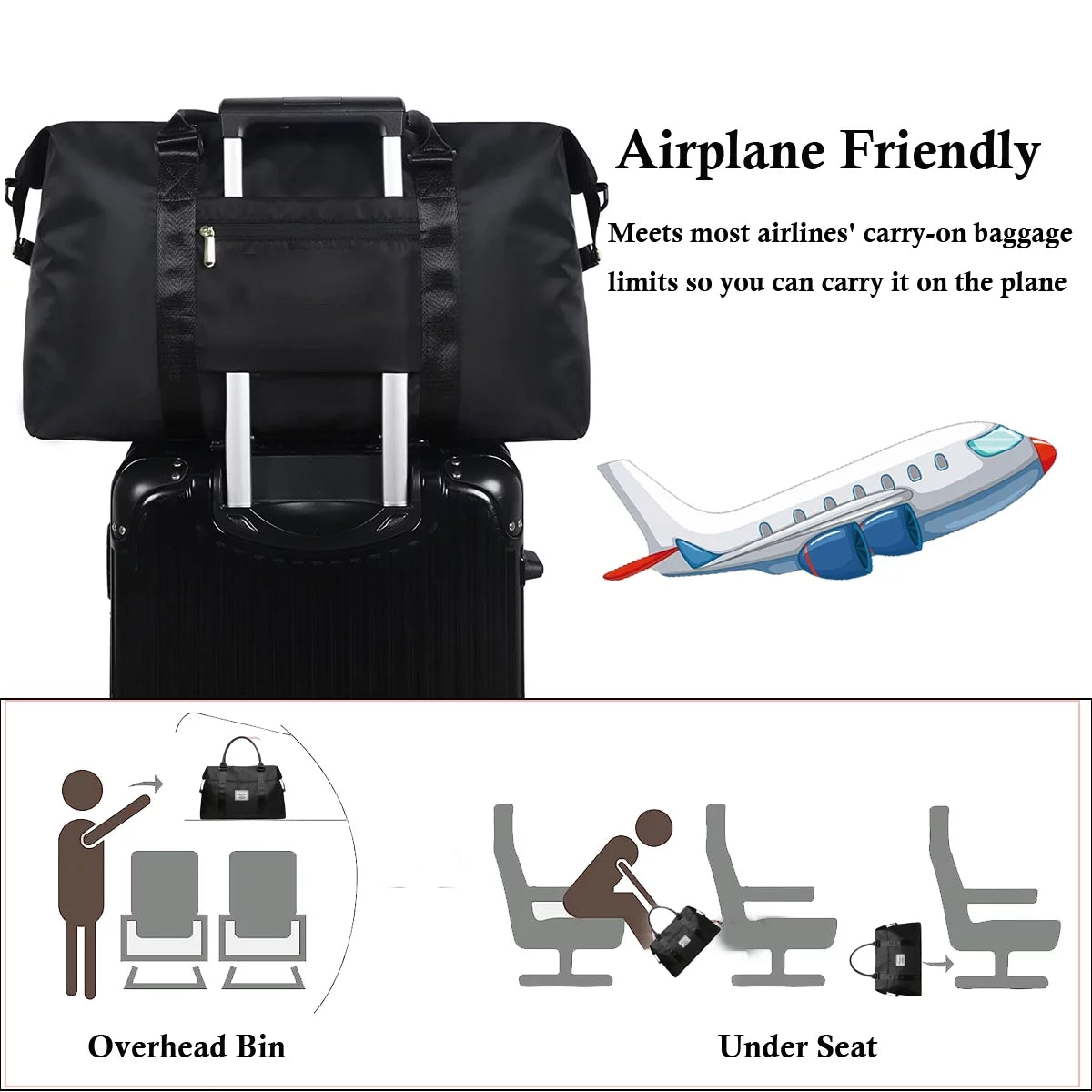 37L Waterproof Duffle Bag for Women, Tear-Resistant Gym Travel Bag with Adjustable Shoulder Strap & Trolley Sleeve, Airline Approved Carry-On Weekender Bag with Wet/Dry Pocket, Black