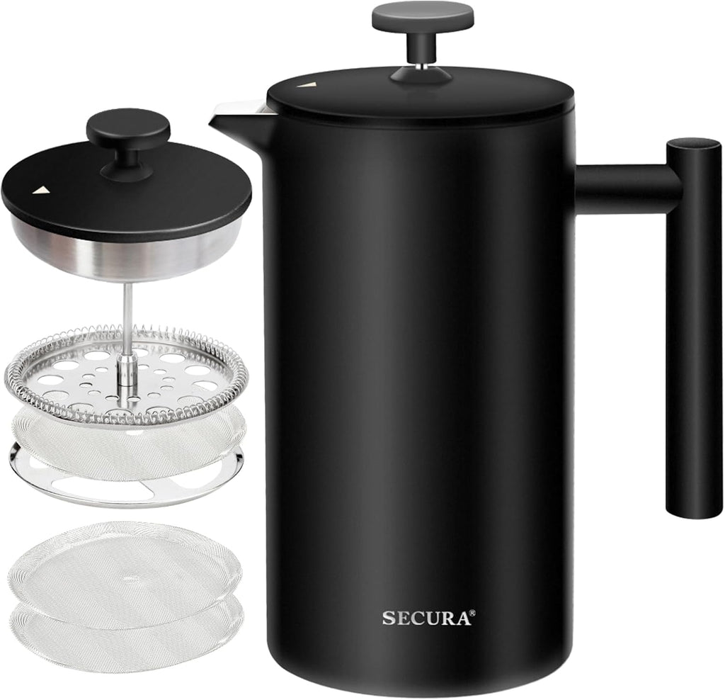 Secura French Press Coffee Maker, 304 Grade Stainless Steel Insulated Coffee Press with 2 Extra Screens, 34Oz (1 Litre), Silver
