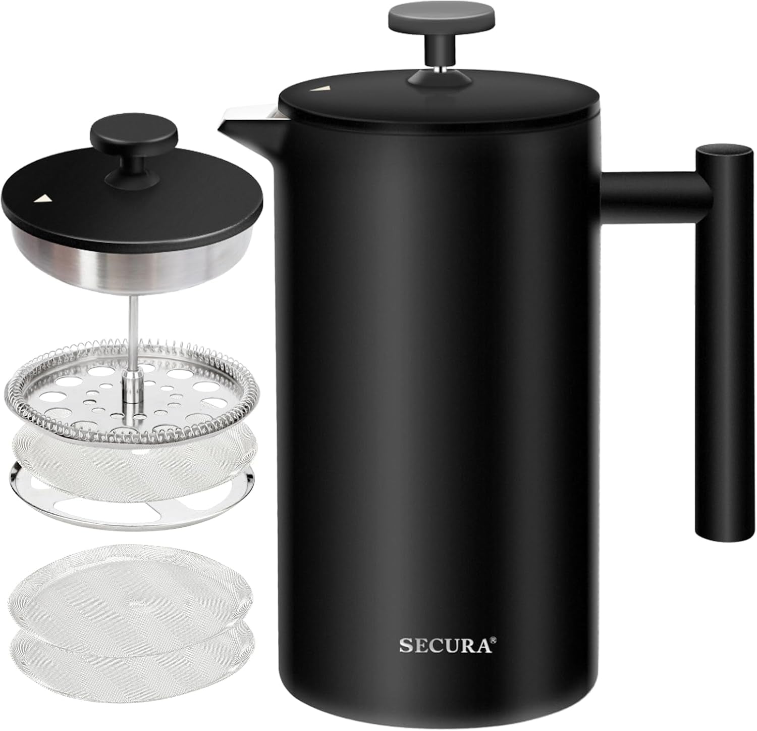 Secura French Press Coffee Maker, 304 Grade Stainless Steel Insulated Coffee Press with 2 Extra Screens, 34Oz (1 Litre), Silver