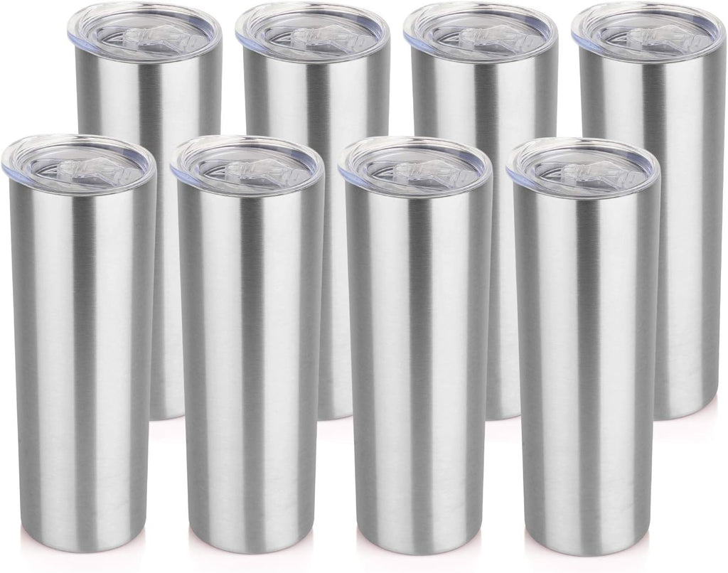 HASLE OUTFITTERS 20 Oz Skinny Tumblers Bulk Set, Stainless Steel Insulated Slim Tumblers with Lids Travel Water Cups(Stainless Steel, 8)