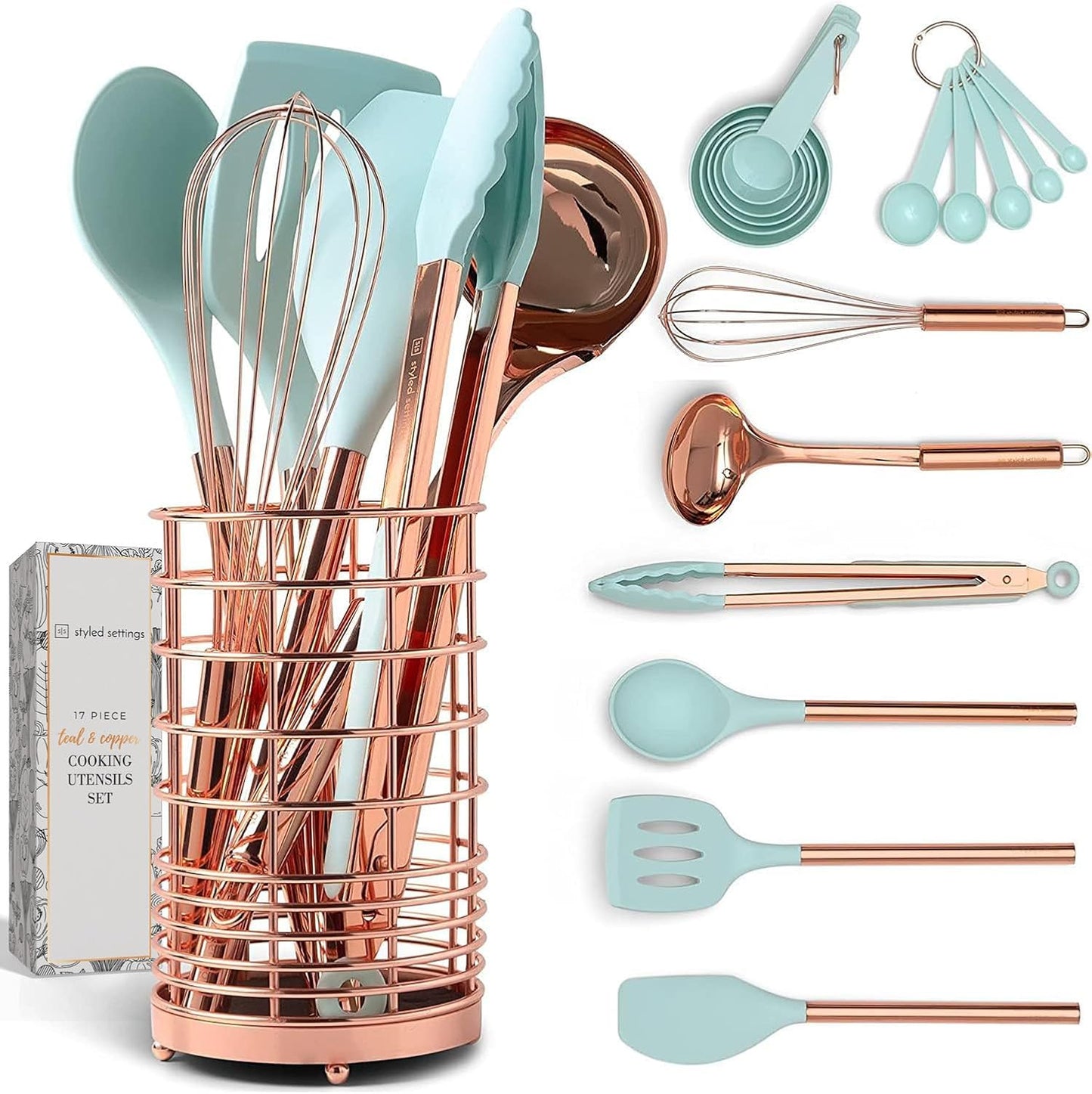 White Silicone and Copper Kitchen Utensils Set with Holder - 17-Piece Rose Gold Cooking Tools for Nonstick Cookware, with Measuring Cups, Spoons, & Utensil Holder - Stylish Copper Kitchen Accessories