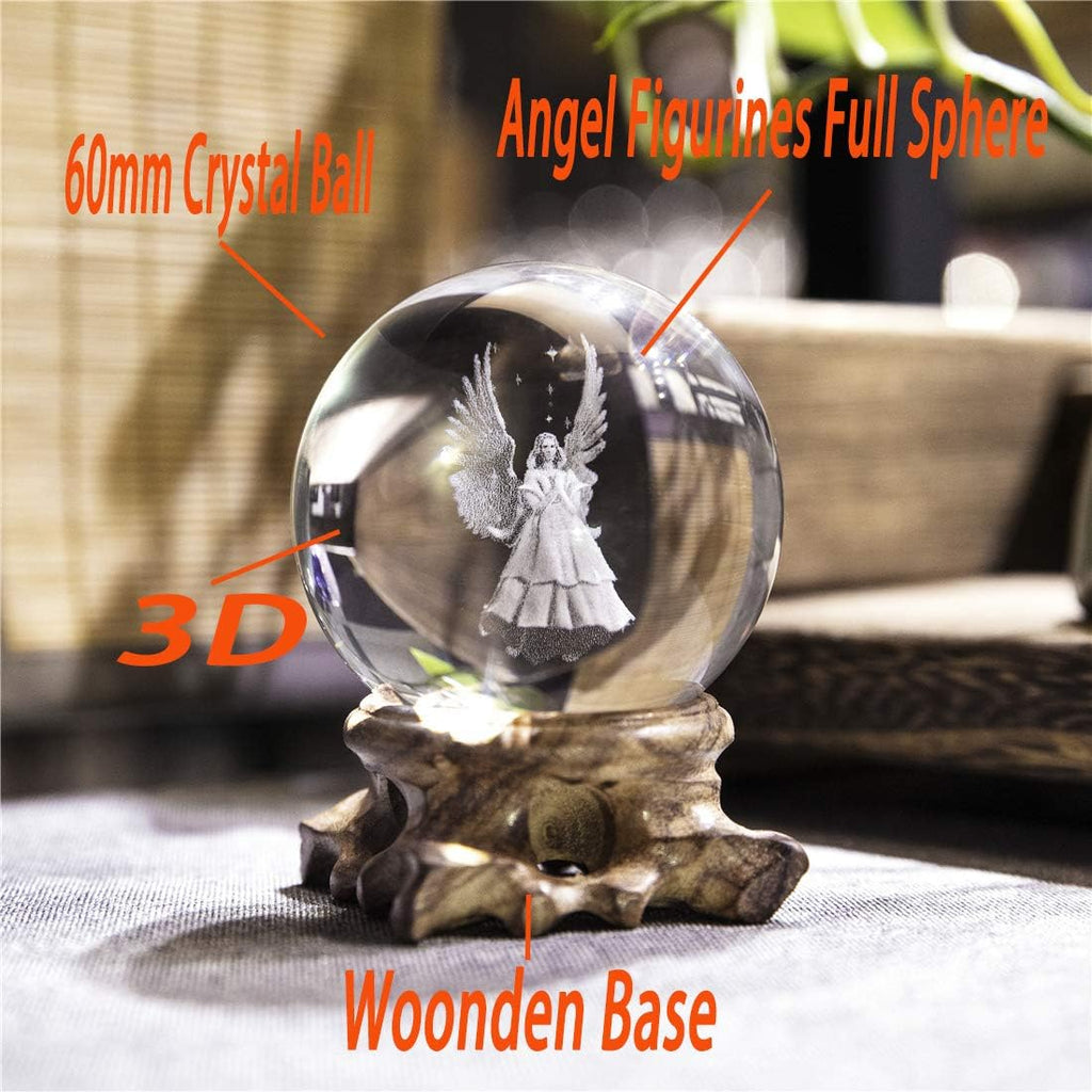HDCRYSTALGIFTS 3D Angel Figurines Crystal Ball 60Mm Laser Engraved Paperweight Glass Guardian Angel Full Sphere Home Art Decor Gift Crafts(Clear)