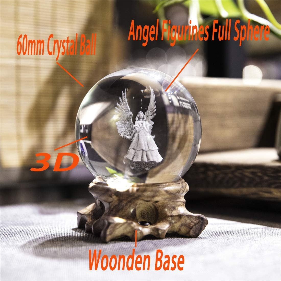 HDCRYSTALGIFTS 3D Angel Figurines Crystal Ball 60Mm Laser Engraved Paperweight Glass Guardian Angel Full Sphere Home Art Decor Gift Crafts(Clear)
