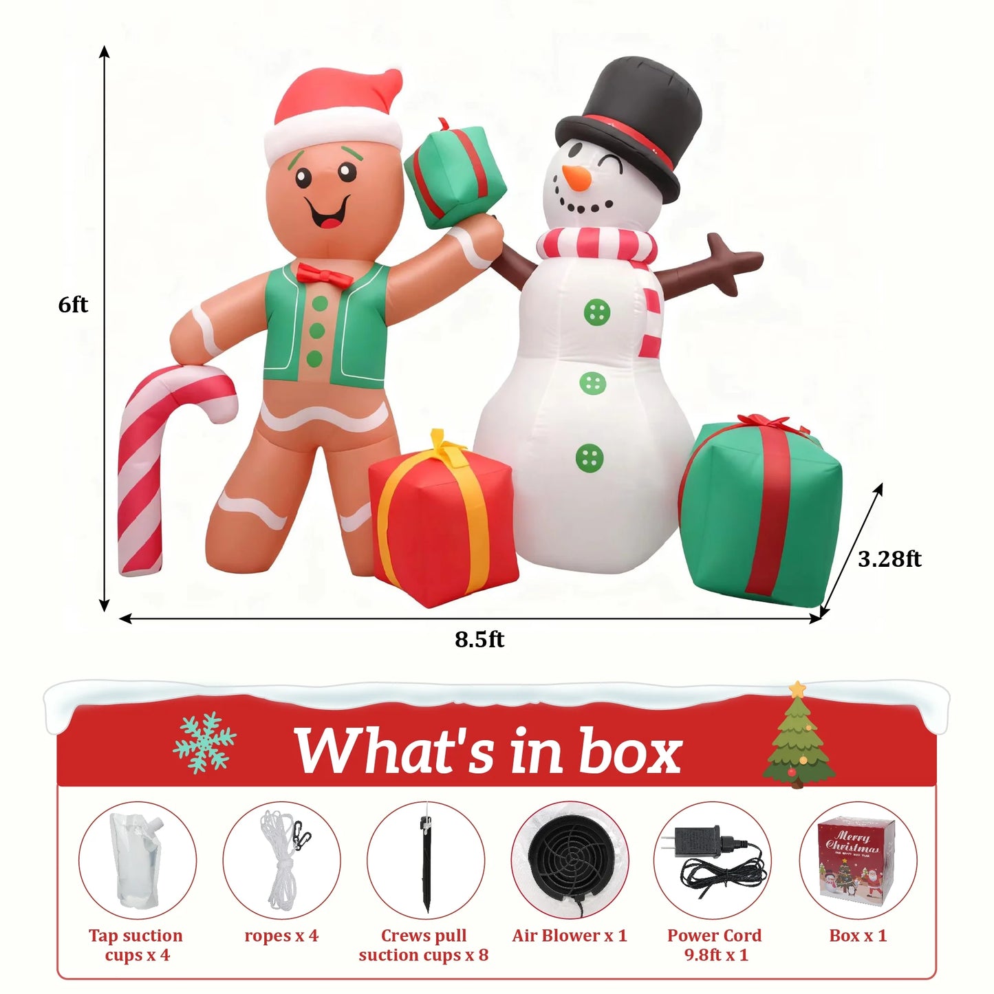 8.5Ft Christmas Inflatables Outdoor Decoration Snowman and Gingerbread Christmas Blow Ups with Built in LED Lights Xmas Garden Yard Lawn Decoration