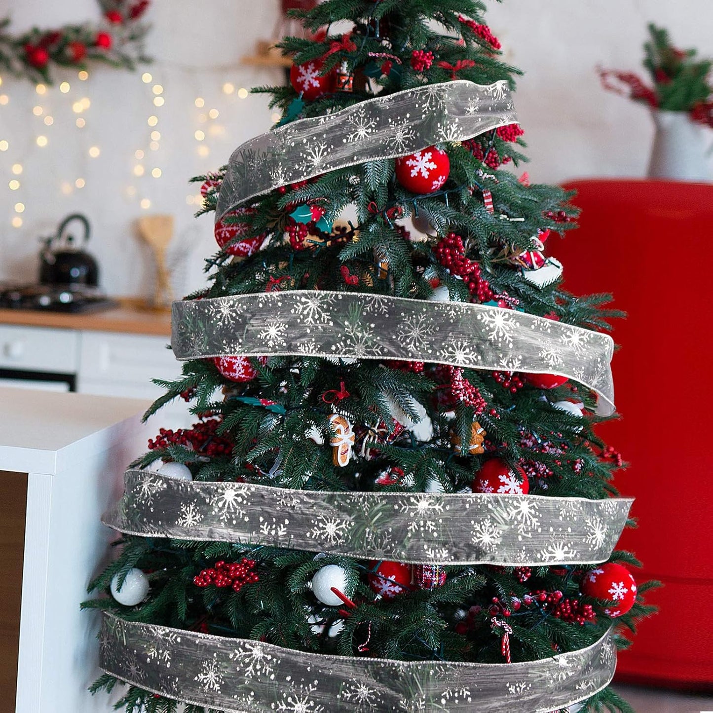 2.5 Inch Wide Christmas Wired Ribbon Snowflake Organza Sheer Glitter Ribbon for Xmas Tree, Wreath, Party Decoration, Gift Wrapping (Silver, 65.7 Foot (Pack of 1))