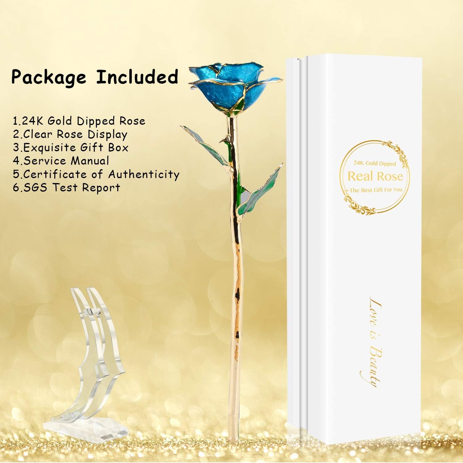 Romantic Rose Gift for Her,Eternity Gold Rose Flower 24K Gold Dipped Rose and Romantic Gift for Her Rose,Skyblue with Stand