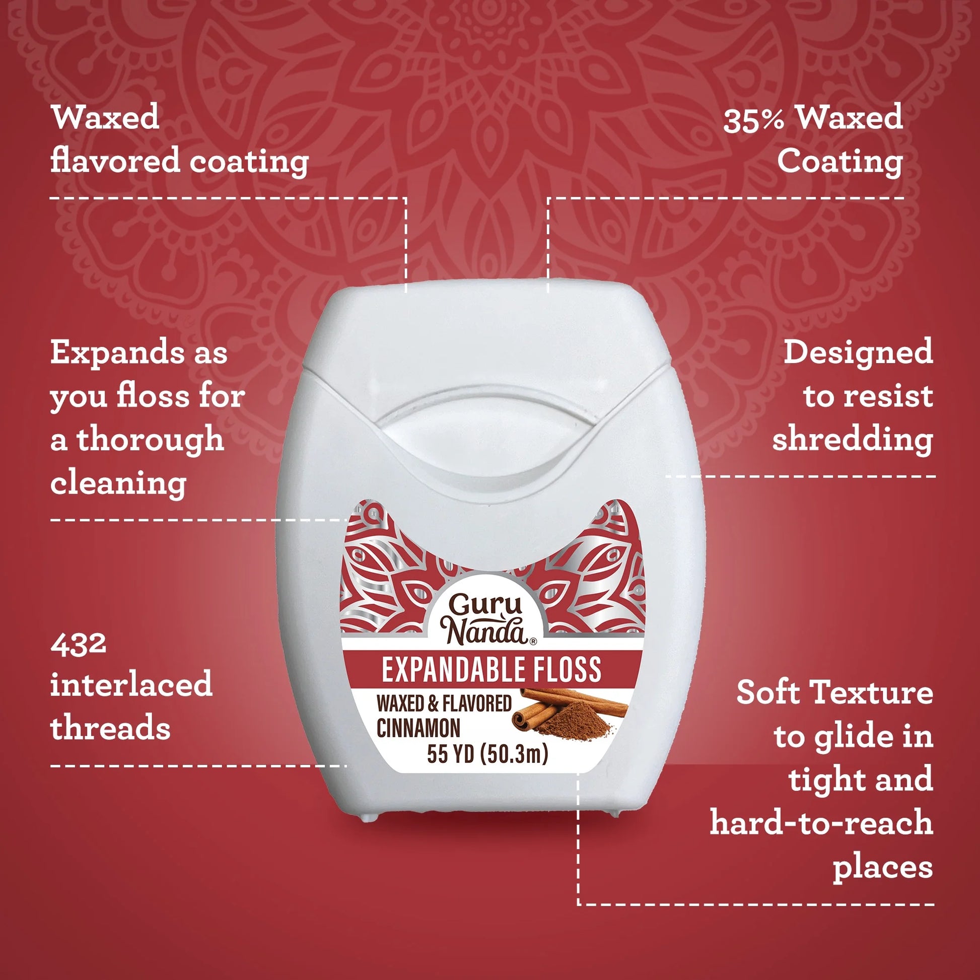 (3 Pack)  Expandable Waxed Dental Floss - Deep Gentle String Floss - Cinnamon Flavor - 55 Yards