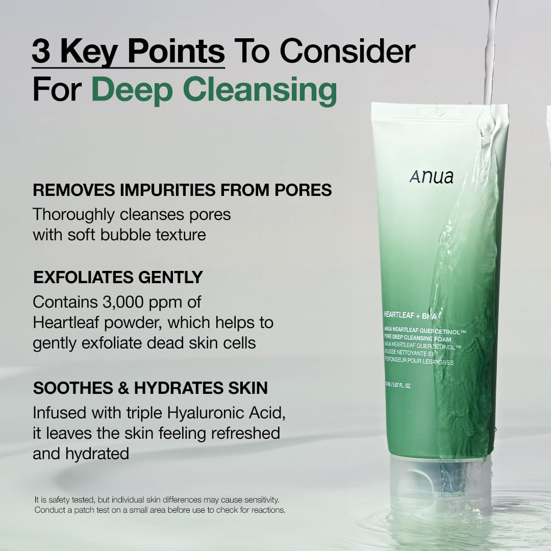 ANUA Heartleaf Quercetinol Pore Deep Cleansing Foam, Facial Cleanser, for Double Cleansing, BHA, Hyaluronic Acid, Glycerin, Face Wash, Blackhead Remover, Korean Skincare (150Ml/5.07 Fl.Oz.)