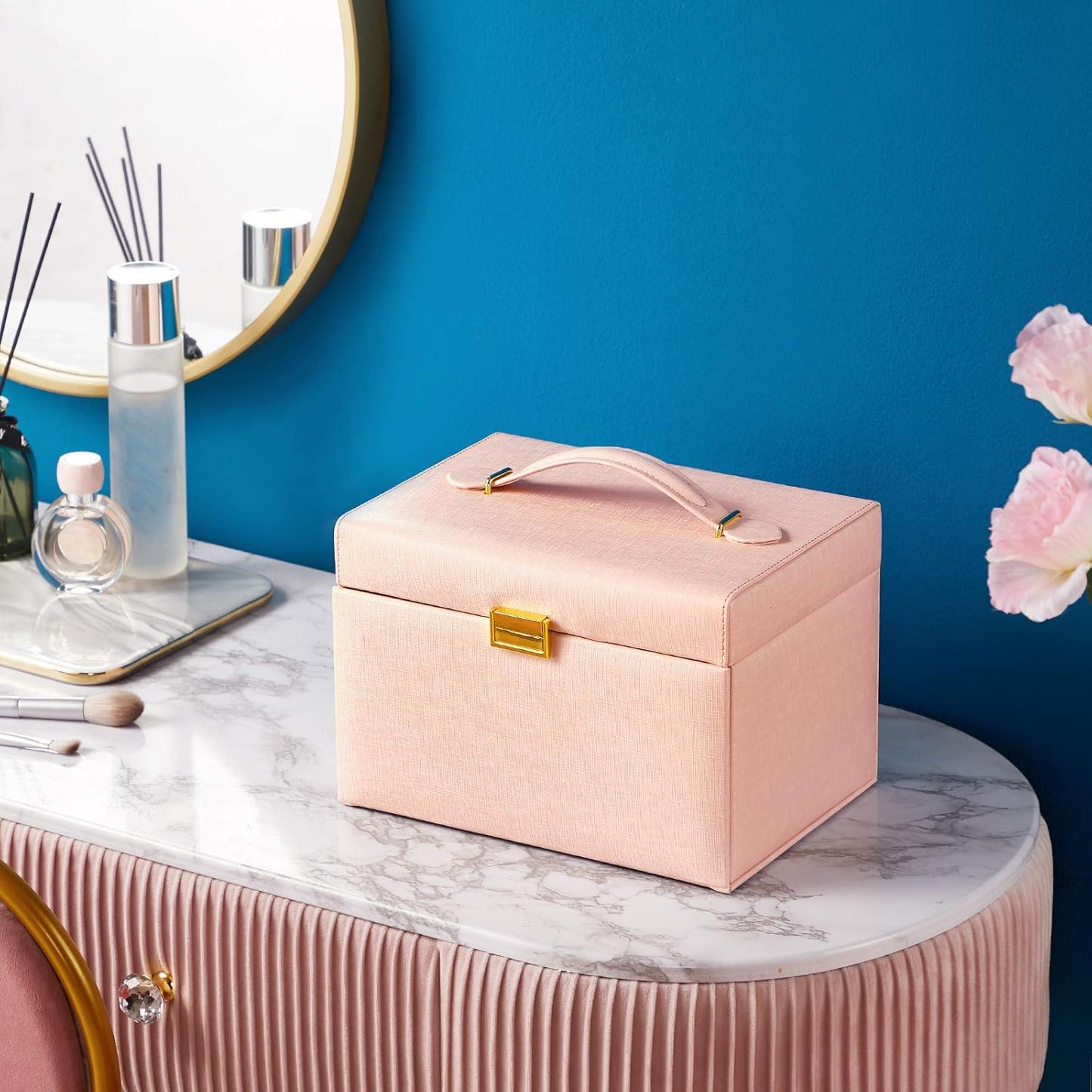 RIRO Jewelry Box for Women, Faux Leather Jewelry Organizer Box with 2 Drawers, Lockable Jewelry Storage Case with Mirror, Storing for Watch Necklace Ring Earring Bracelet, Gift (Pink)