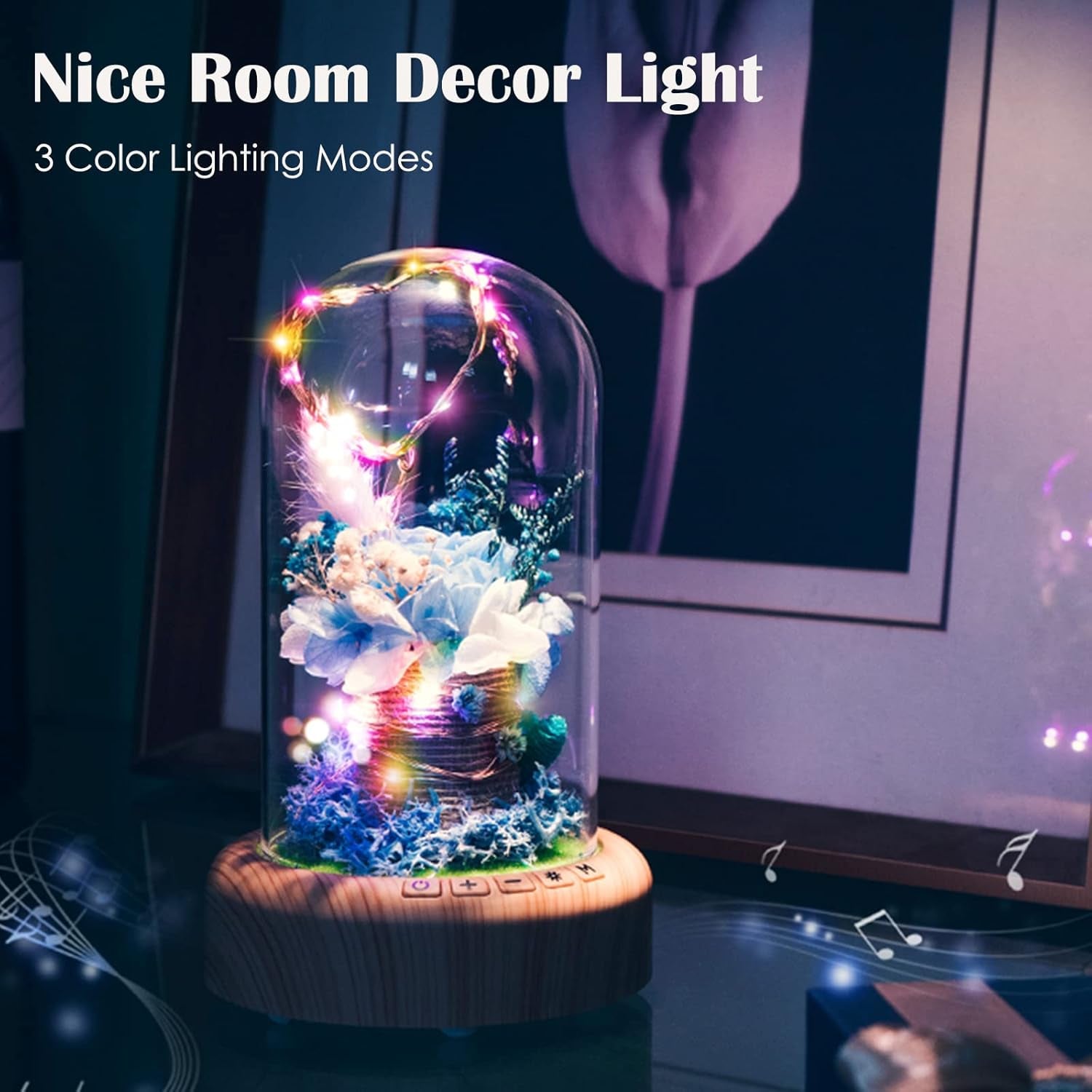 SWEETIME Blue Rose Lamp Real Preserved Rose in Glass Dome, Forever Flower Night Light with Bluetooth Speaker, Eternal Flowers Rose Musical Box Gift for Her on Mother'S Day, Birthday, Valentine Day.