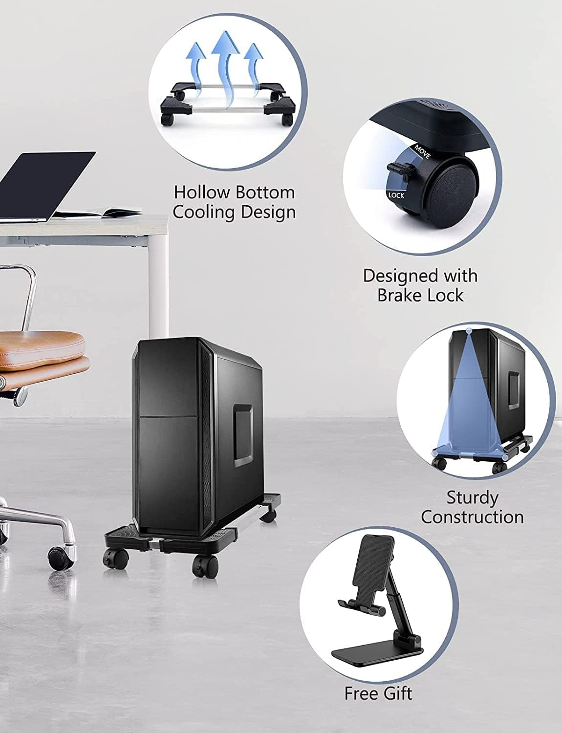 Seloom Computer Tower Stand, PC Stand, Adjustable Mobile CPU Stand with Rolling Wheels, PC Tower Stand for Floor Carpet Gaming PC Case, PC Riser for Gamers and Students