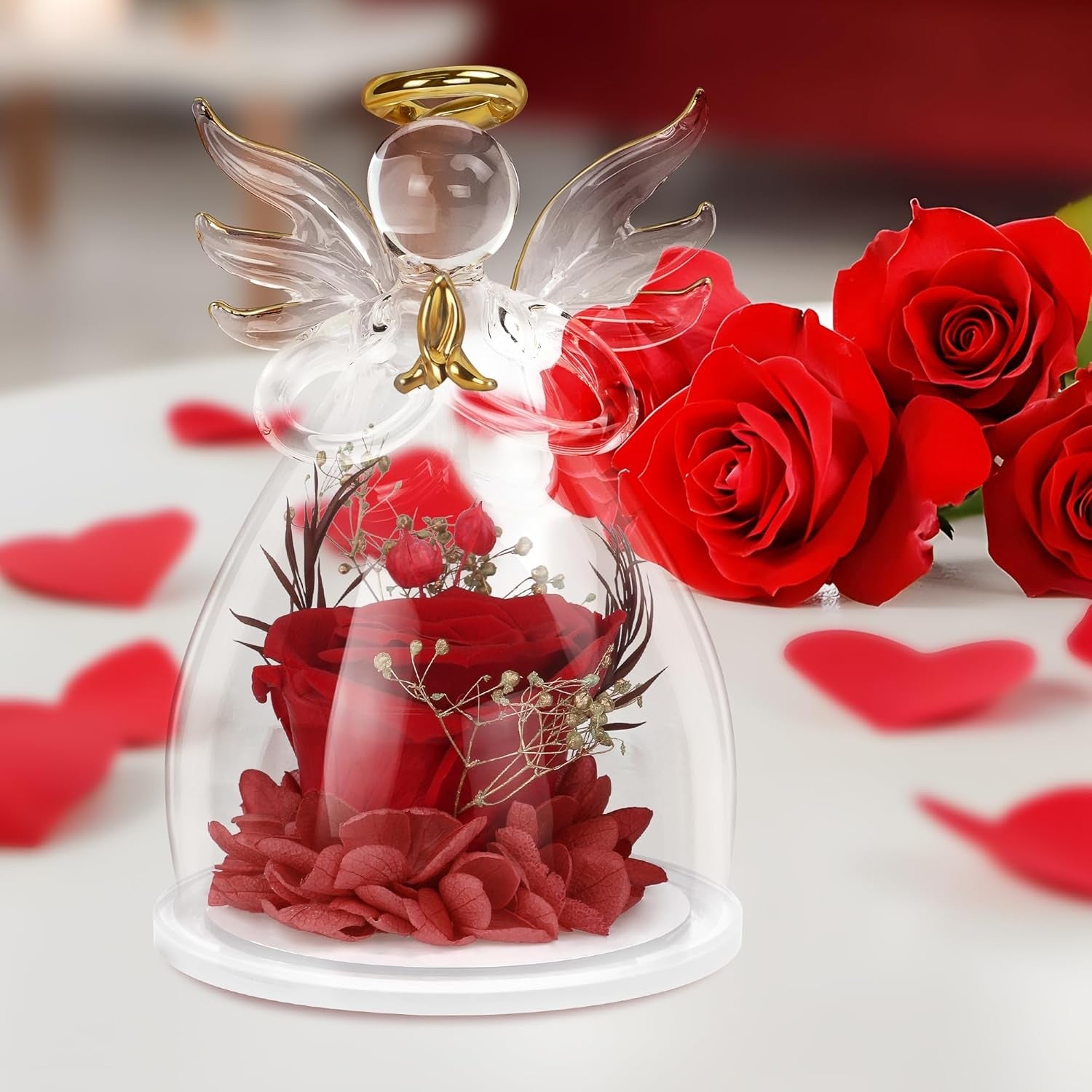Preserved Flower Rose in Glass Angel Figurines,Moth