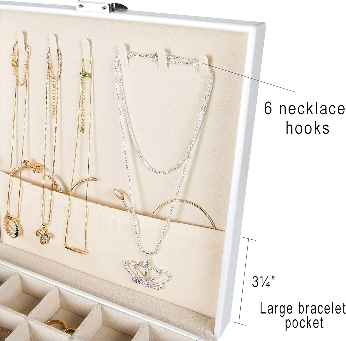 Frebeauty Earring Organizer Classic Jewelry Box 50 Slots Double Layer Jewelry Storage Case with 6 Necklace Hook and Bracelet Pocket(Pearl White)