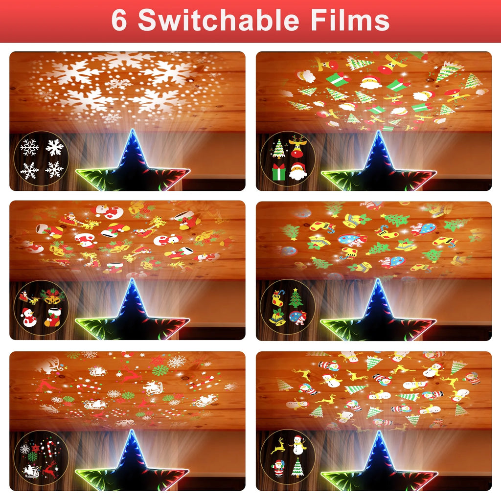 Christmas Star Tree Topper, Double Sided Tunnel Mirror Surface, 12 Lighting Modes, Built-In 6 Projected Patterns, Multi-Color Light