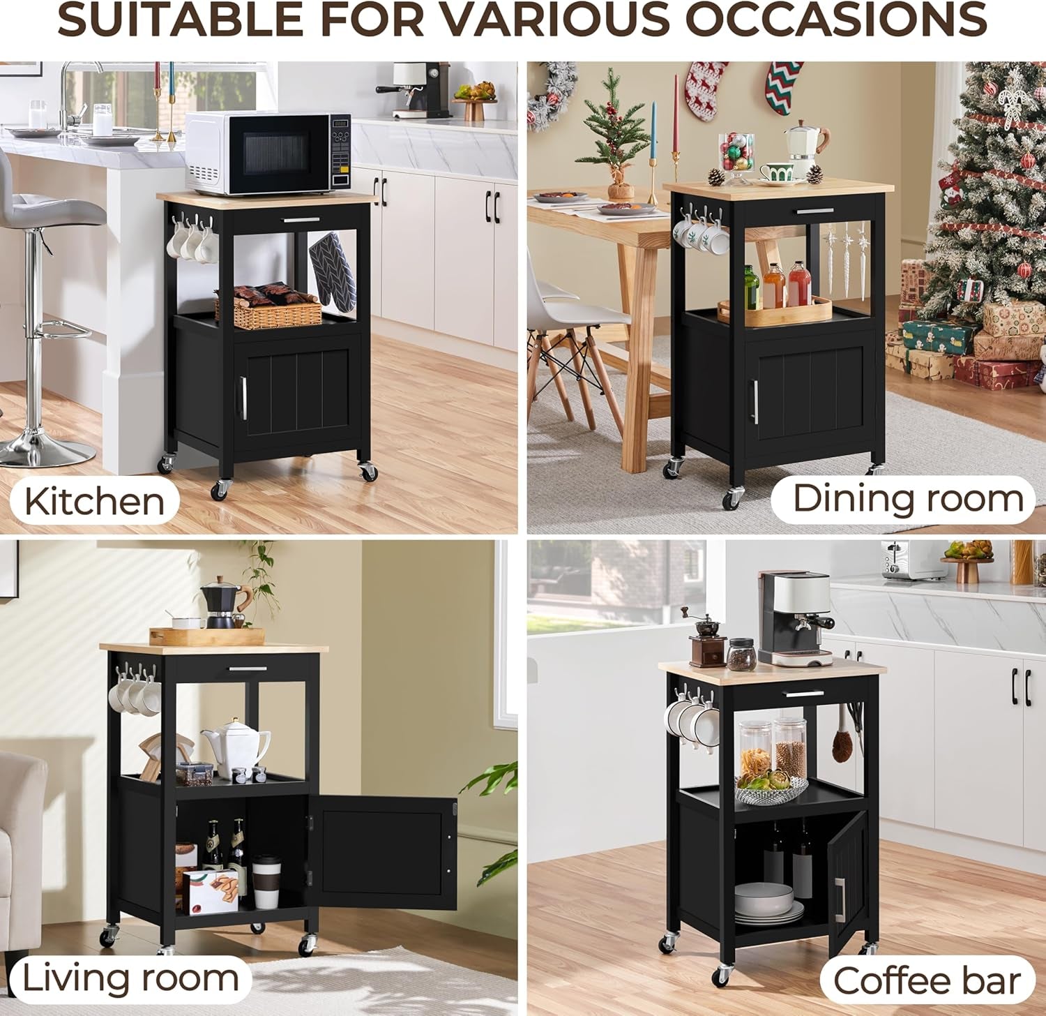 Yaheetech Kitchen Island Cart with Storage, Rolling Kitchen Island on Wheels with 6 Side Hooks, Wood Top Microwave Cart with Drawer for Dining Room, Black