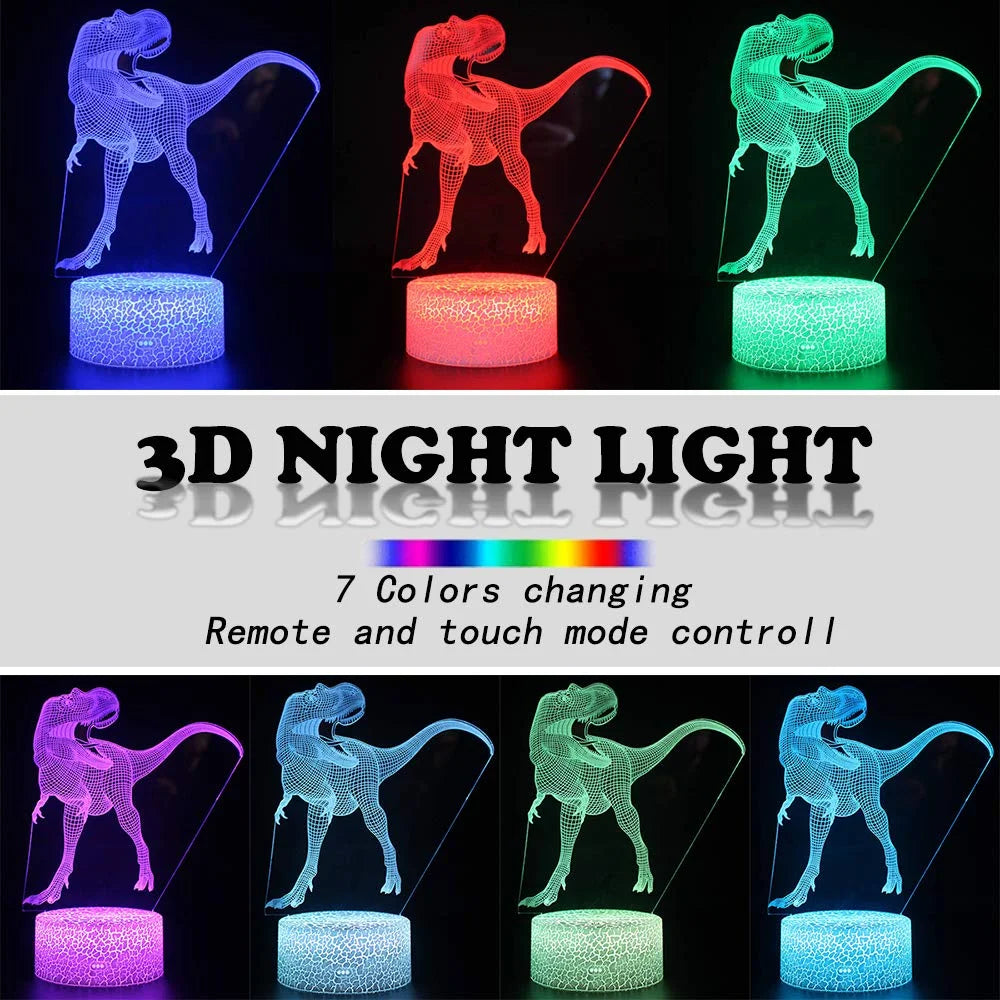 3D Dinosaur Night Light - 7-Color LED Lamp W/ Remote, Kids Room Decor
