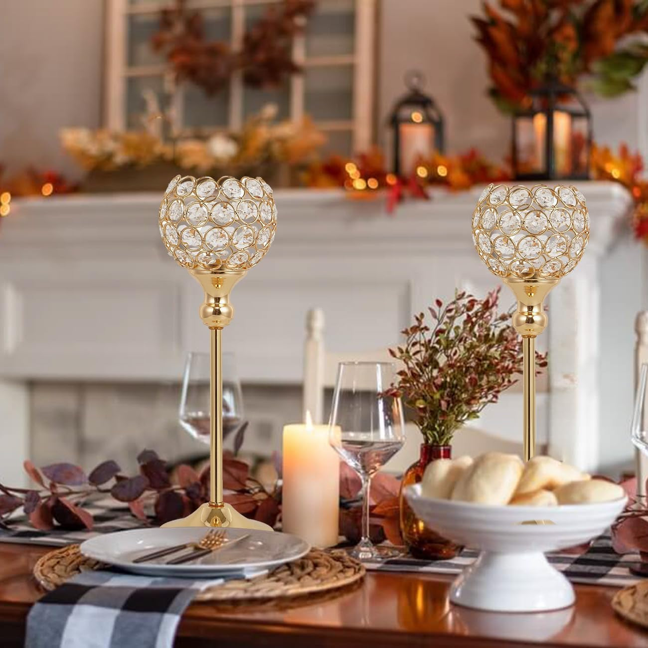 VINCIGANT Gold Crystal Candle Holders Set of 2 for Fireplace Coffee Table Mantle Decor,Wedding Home Halloween Decoration Centerpieces