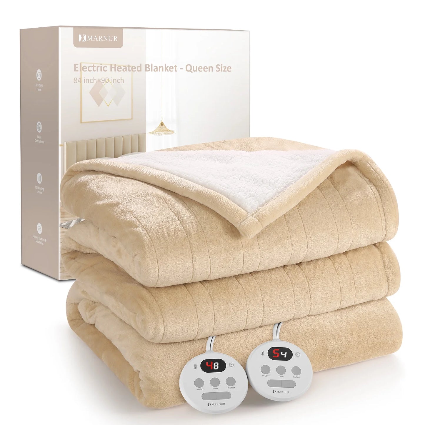 Heated Blanket Queen Size 84''X90'', Fast Heating with Dual Controllers Electric Blanket, 10 Heating Levels, 10H Timer, Preheat Function - Beige