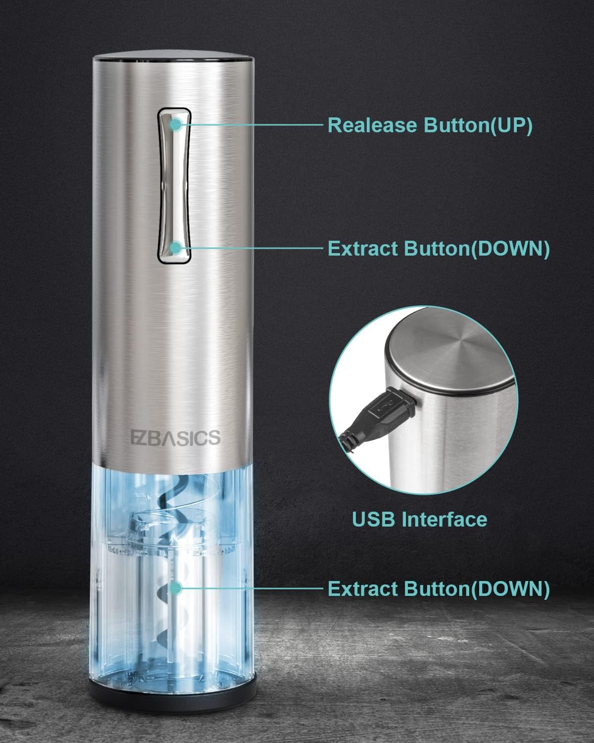 EZBASICS Electric Wine Opener, Automatic Wine Bottle Opener Set with Foil Cutter Vacuum Stopper and Wine Aerator Pourer for Wine Lovers Gift Home Kitchen Party Bar Wedding Rechargeable, Silver