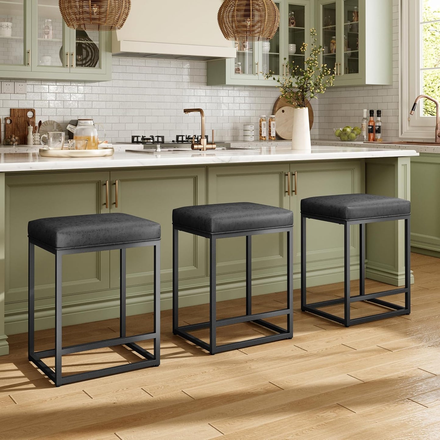 MAISON ARTS Counter Height 24" Bar Stools Set of 2 for Kitchen Counter Backless Modern Barstools Industrial Upholstered Faux Leather Stools Farmhouse Island Chairs, (24 Inch, Brown)