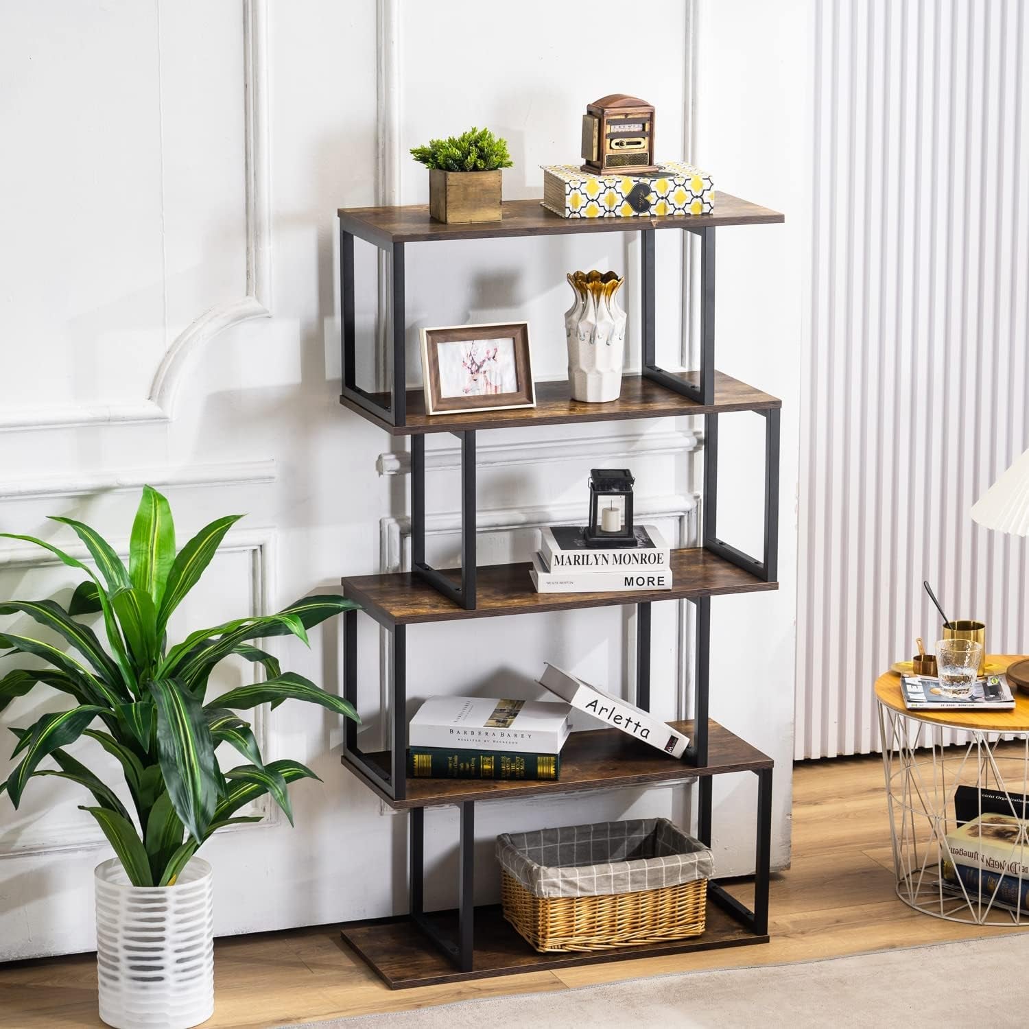 Apicizon Industrial Bookshelves Wooden Bookcase, 4-Tier Bookshelf, S-Shaped Bookshelf Modern Bookshelf, Freestanding Decorative Storage Shelving for Living Room Home Office, Rustic Brown