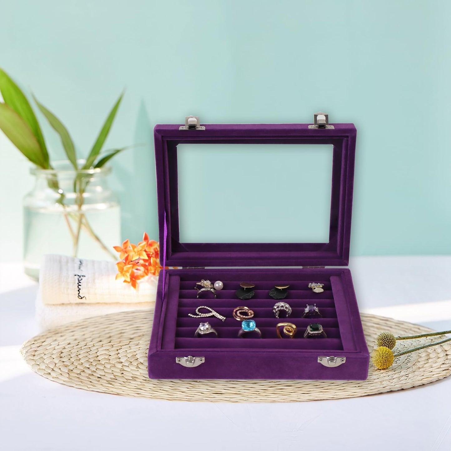 Jewelry Box Rings Organizer Tray 7 Slots Velvet Jewelry Earring Storage Box With