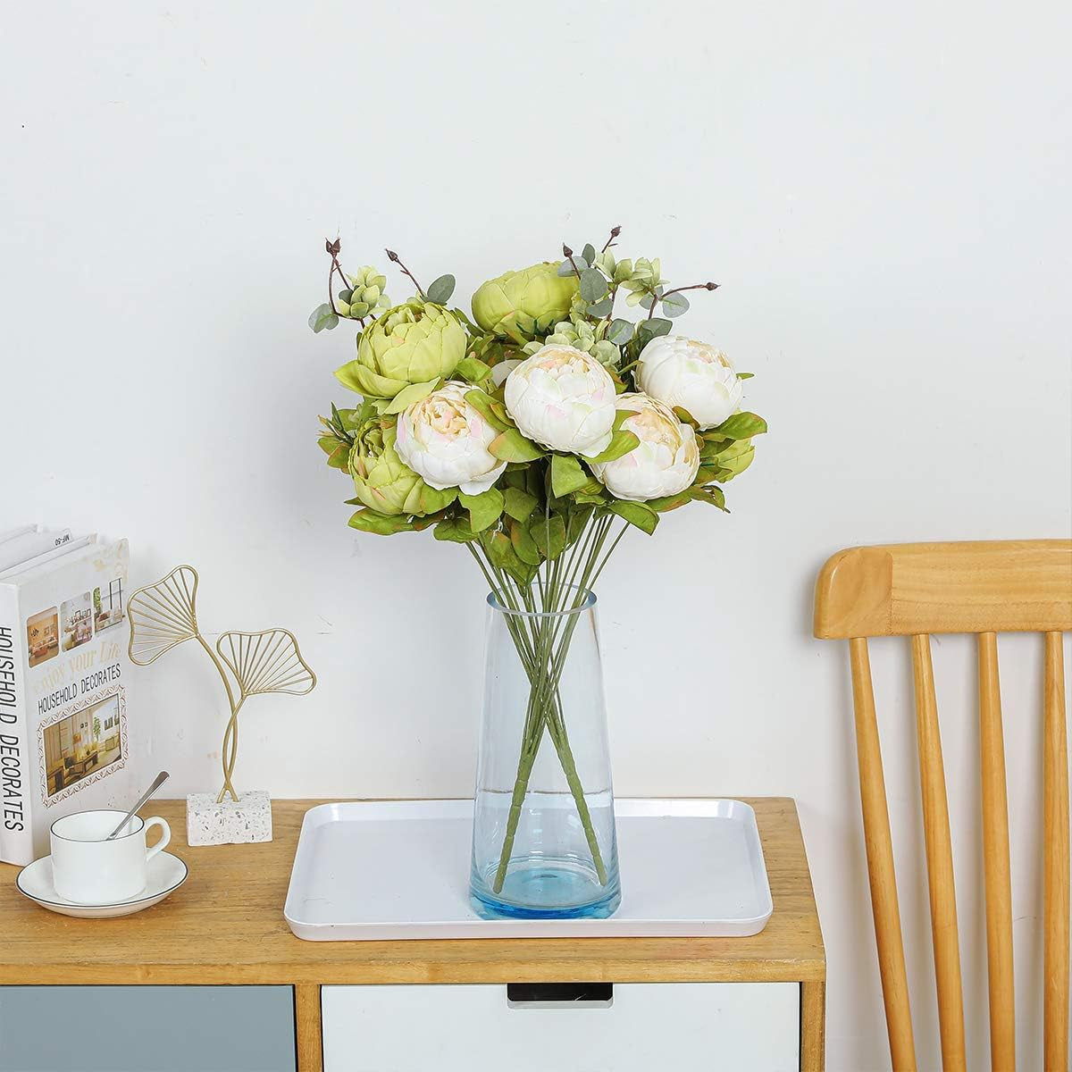 Nubry 2Pcs Artificial Green Peonies Silk Flowers Bouquet Fake Spring Flower for Wedding Home Garden Party Decoration (New Green)