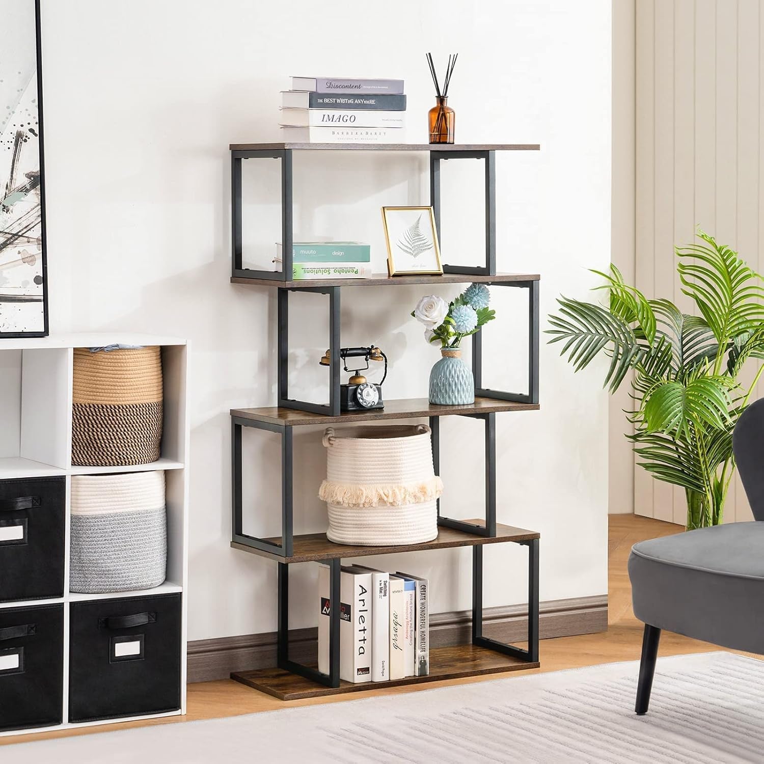 Apicizon Industrial Bookshelves Wooden Bookcase, 4-Tier Bookshelf, S-Shaped Bookshelf Modern Bookshelf, Freestanding Decorative Storage Shelving for Living Room Home Office, Rustic Brown