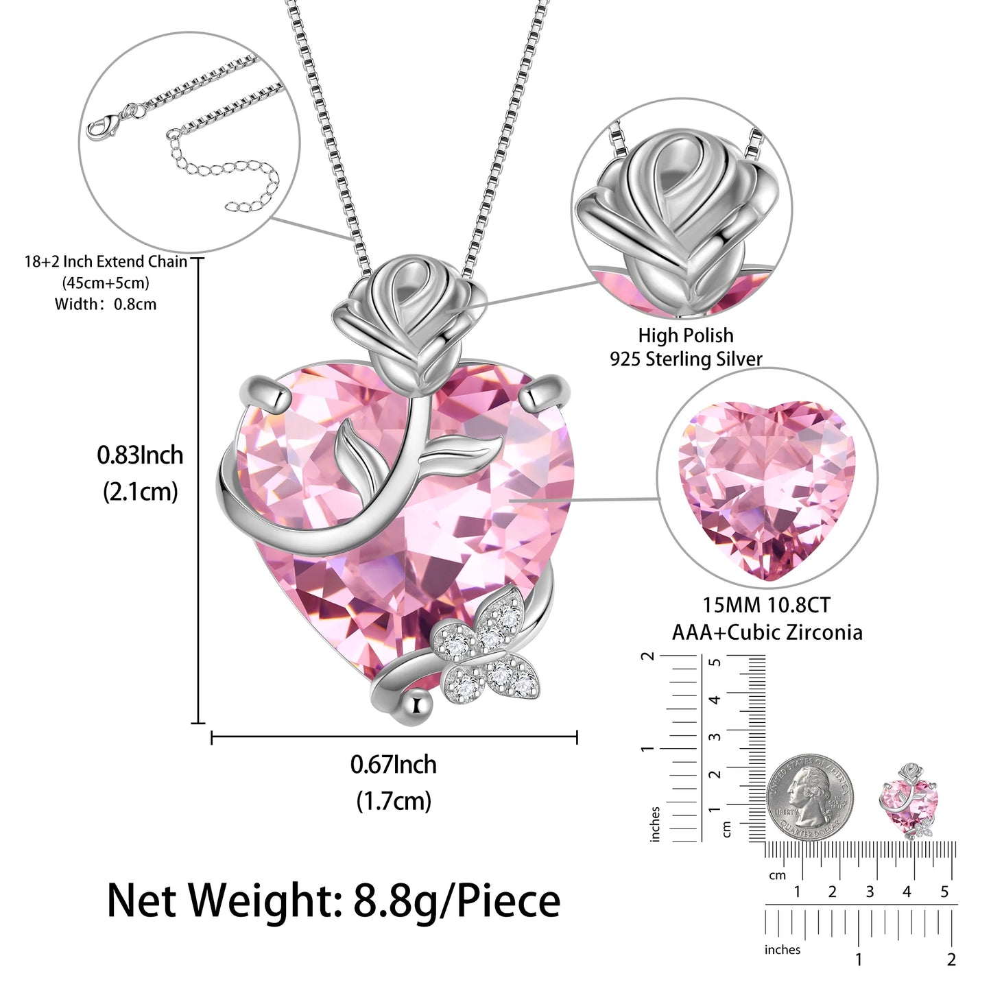 15MM Women Rose Heart Necklace October Birthstone 925 Sterling Silver Butterfly Flower Pendant Pink Tourmaline Jewelry Mother Valentine'S Day Gifts