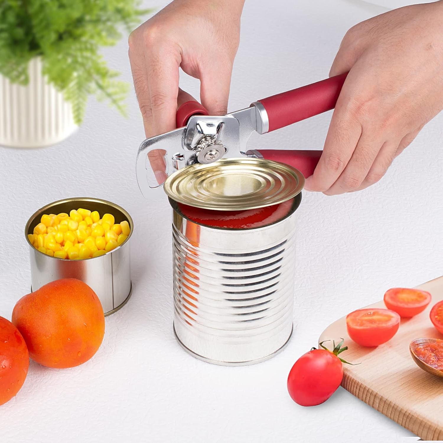 Can Opener Manual Portable Handheld Heavy Duty Hand Can Opener Smooth Edge, Comfortable Grip Safety Can Openers, Sharp Cutting Wheel, Easy Turn Knob, Built in Bottle Opener(Red)