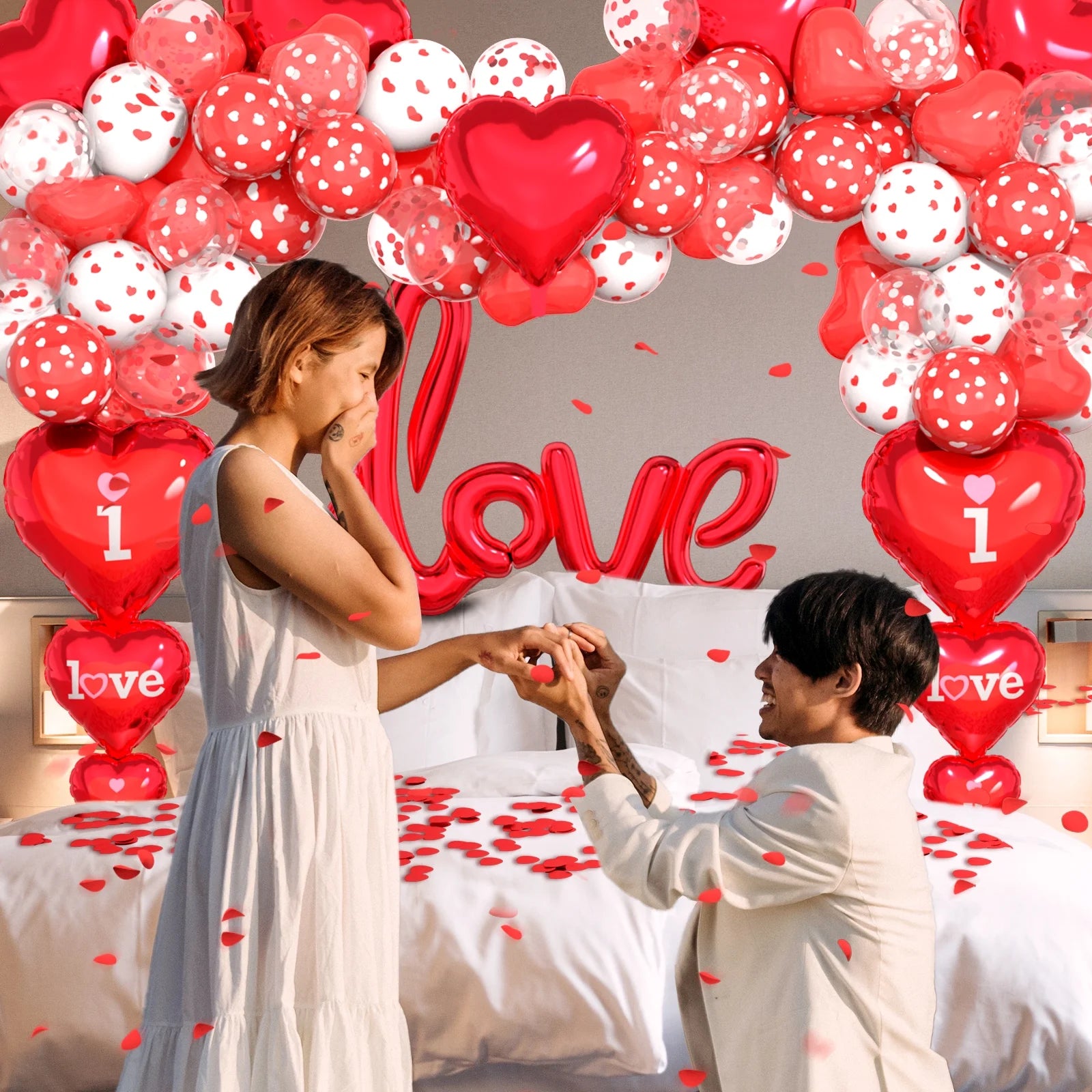 Valentine'S Day Balloons Kit - I Love You Balloons, White Red Heart Balloons, Balloon Pump & Rose Petals for Valentines Day Anniversary Wedding Engagement Decorations Special Night Gift