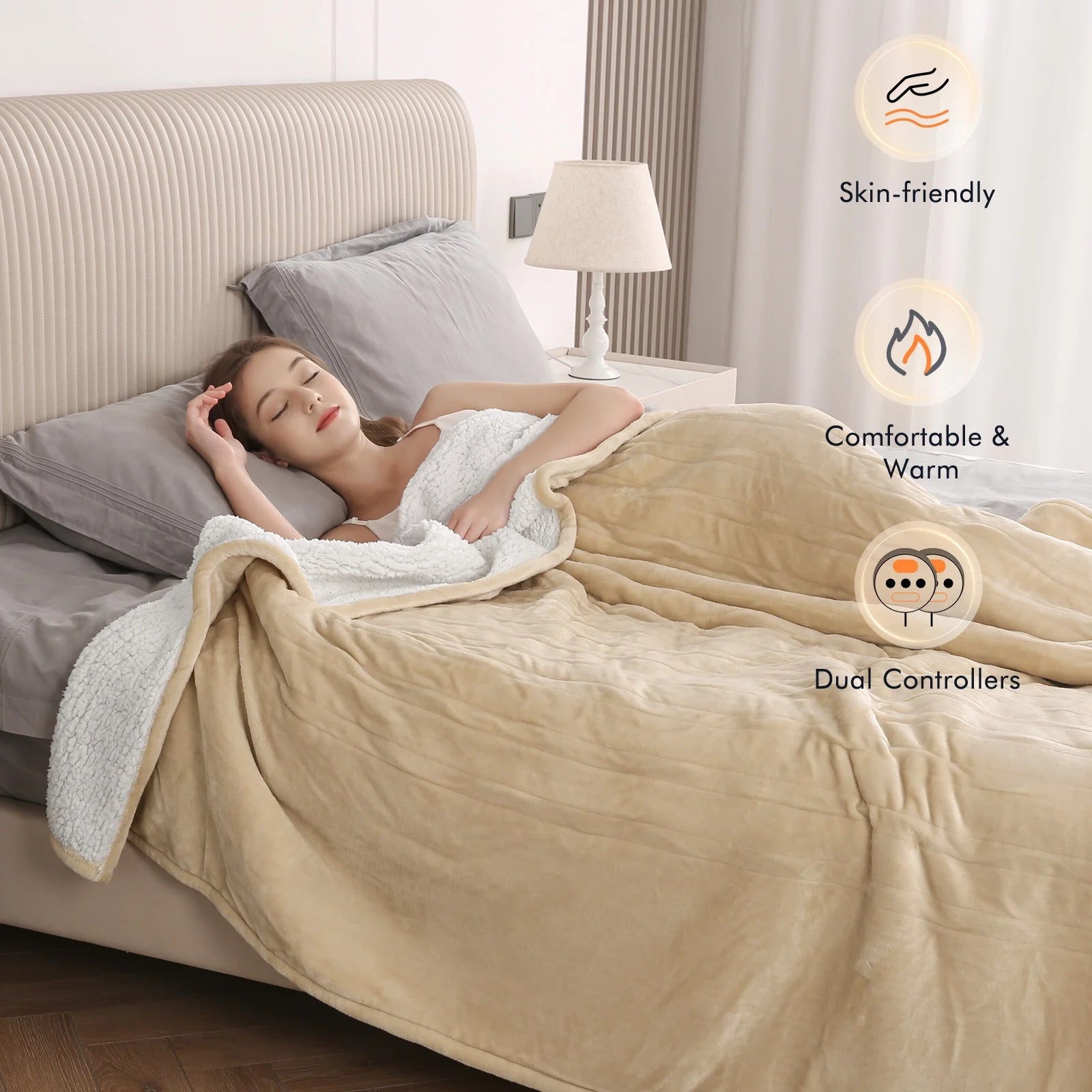 Heated Blanket Queen Size 84''X90'', Fast Heating with Dual Controllers Electric Blanket, 10 Heating Levels, 10H Timer, Preheat Function - Beige