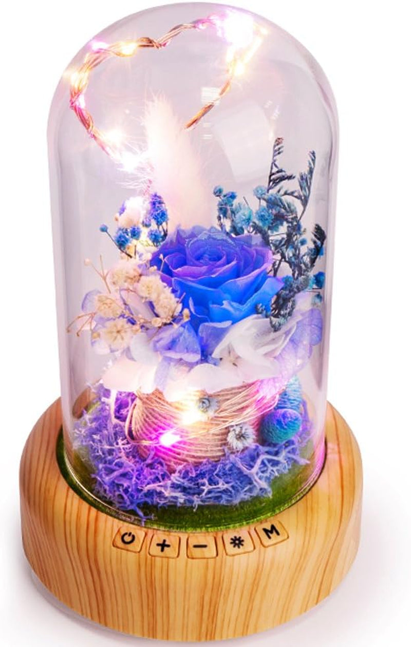 SWEETIME Blue Rose Lamp Real Preserved Rose in Glass Dome, Forever Flower Night Light with Bluetooth Speaker, Eternal Flowers Rose Musical Box Gift for Her on Mother'S Day, Birthday, Valentine Day.