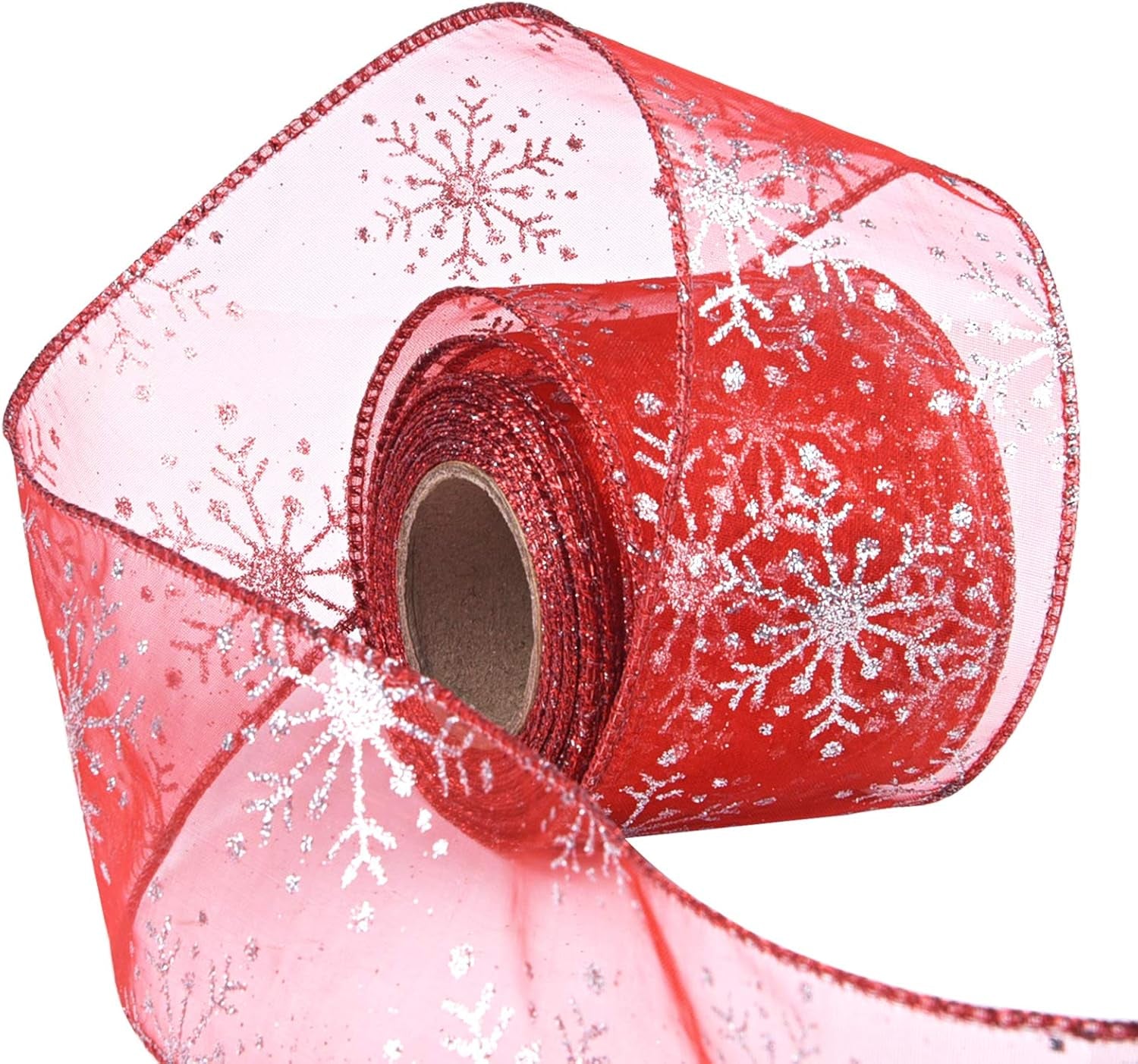 2.5 Inch Wide Christmas Wired Ribbon Snowflake Organza Sheer Glitter Ribbon for Xmas Tree, Wreath, Party Decoration, Gift Wrapping (Silver, 65.7 Foot (Pack of 1))