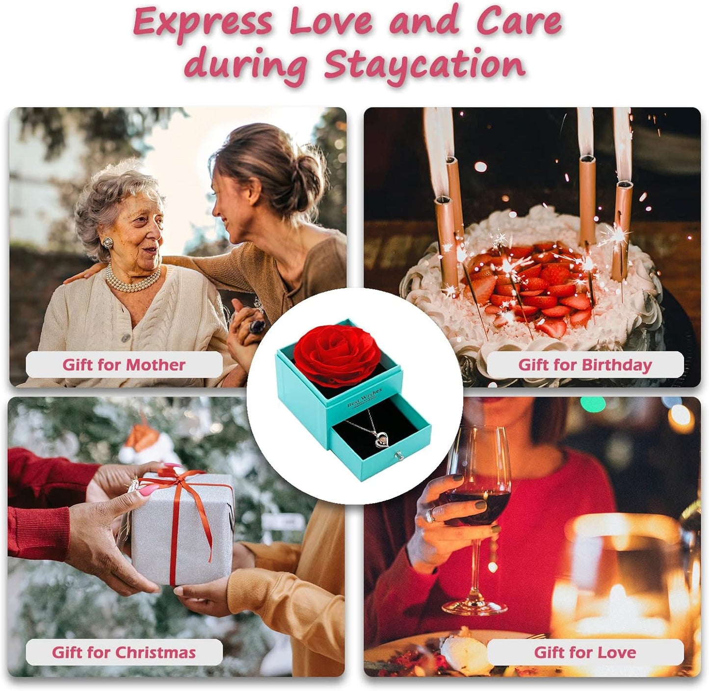 U UQUI Valentines Day Gifts for Her, Preserved Real Rose with I Love You Heart Necklace 100 Languages, Birthday Gifts for Women Mom Girlfriend Wife,Forever Flower for Anniversary, Red Roses