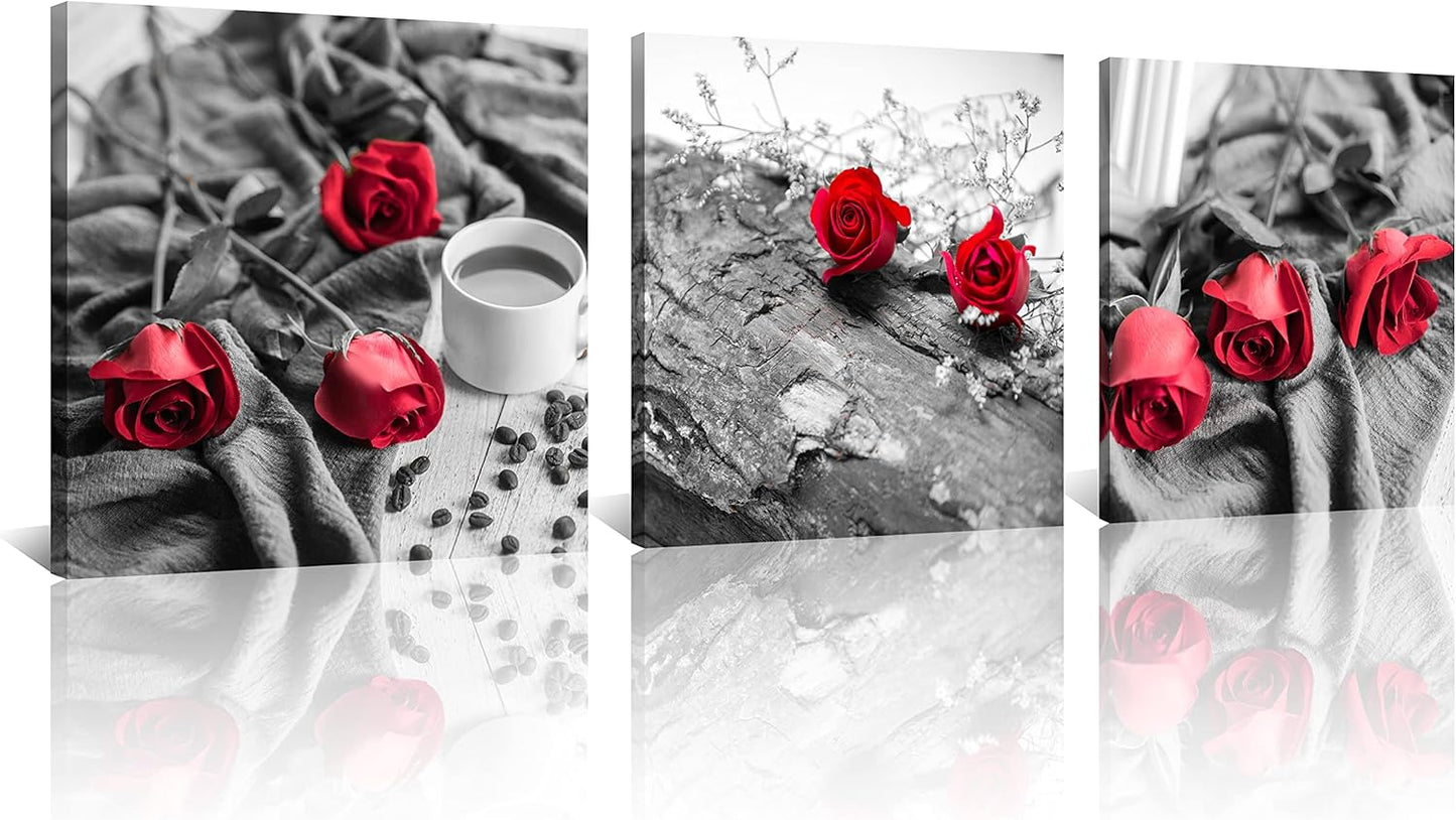 NAN Wind Canvas Print 3 Pcs Black and White Red Rose Canvas Art Painting Abstract Wall Art Decorations Flower Picture on Canvas for Home Decor Stretched and Framed (16X16Inchx3Pcs, A-Rose)