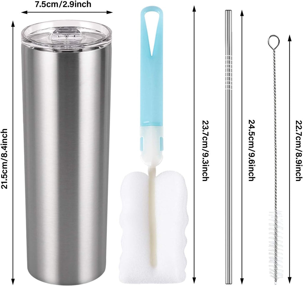 Qtencas Stainless Steel Skinny Tumbler Set, Insulated Travel Tumbler with Closed Lid Straw, Skinny Insulated Tumbler, 20 Oz Slim Water Tumbler Cup for Coffee Water Hot Cold Drinks, Set of 4, Silver