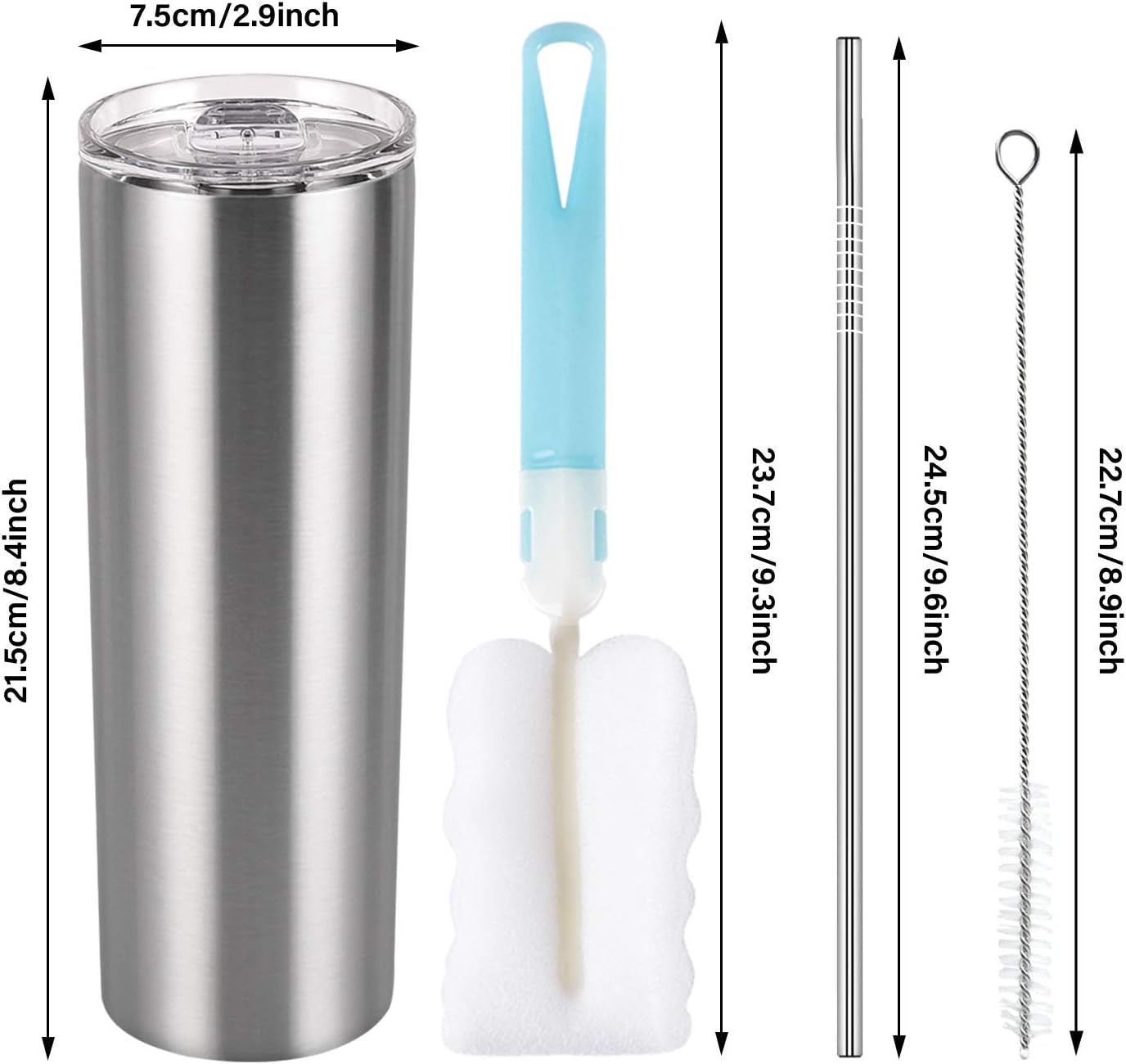 Qtencas Stainless Steel Skinny Tumbler Set, Insulated Travel Tumbler with Closed Lid Straw, Skinny Insulated Tumbler, 20 Oz Slim Water Tumbler Cup for Coffee Water Hot Cold Drinks, Set of 4, Silver