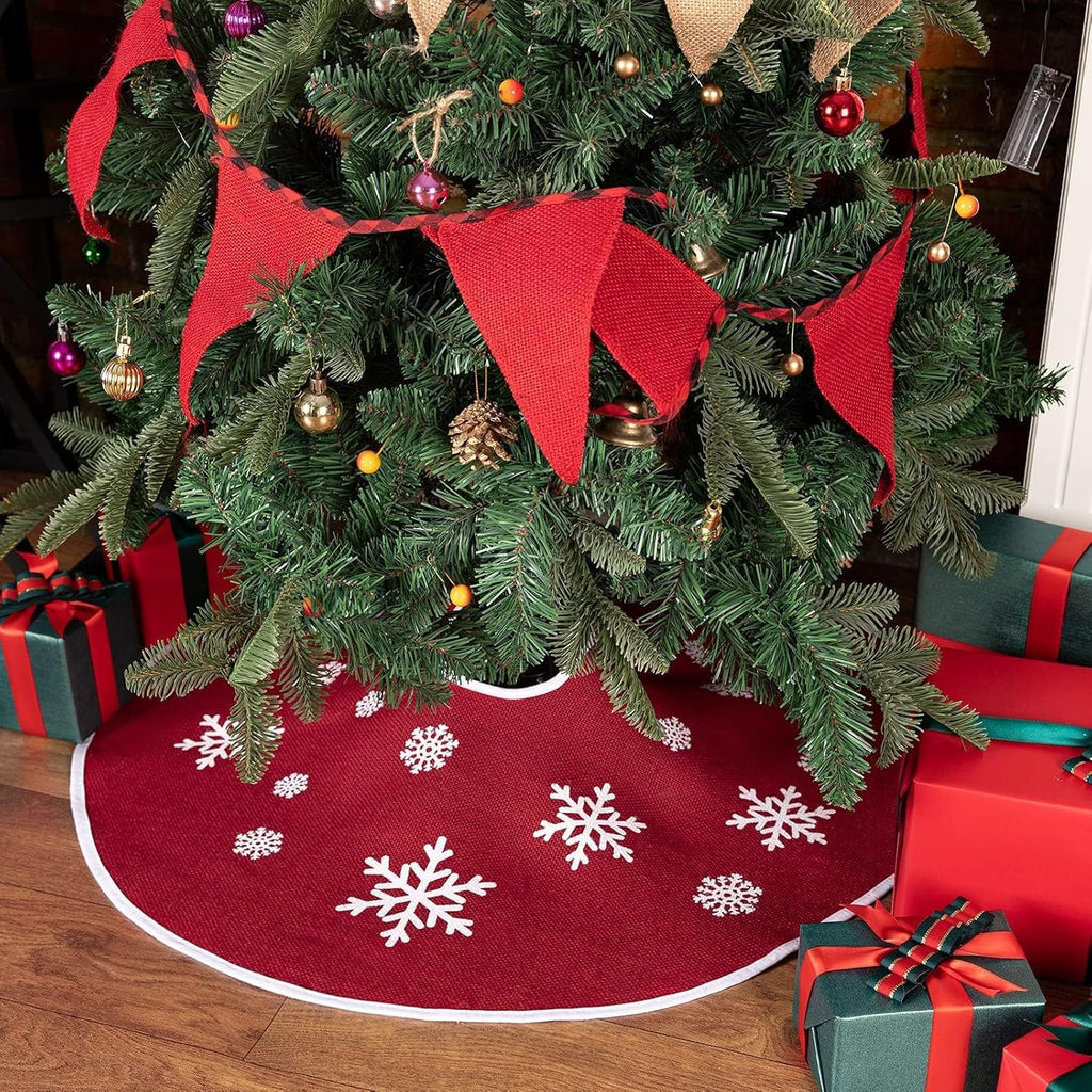N&T NIETING Christmas Small Tree Skirt, 24 Inch Red Burlap Tree Mat with White Snowflake Printed for Xmas Tree Holiday Party Home Indoor Farmhouse Winter Decorations