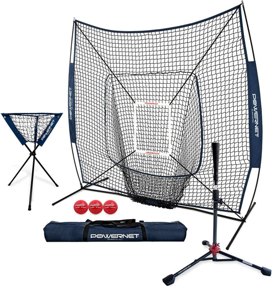 Powernet 7X7 DLX Practice Net + Deluxe Tee + Ball Caddy + 3 Pack Weighted Ball + Strike Zone Bundle | Baseball Softball Coach Pack | Pitching Batting Training Equipment Set | 7' X 7' (Navy)