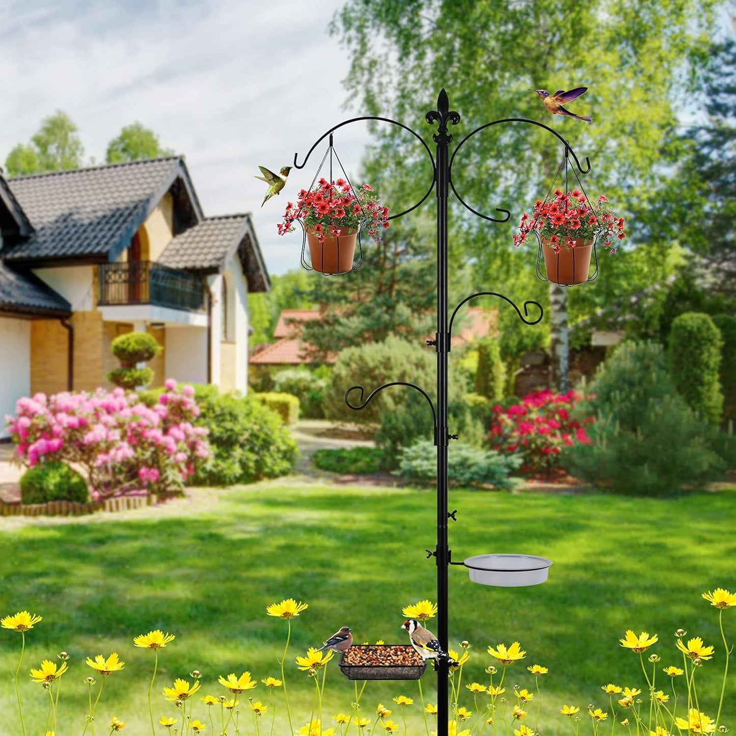Gtongoko Deluxe Bird Feeding Station Kit 90.5 Inch, Bird Feeder Pole, Wild Bird Feeder Hanging Kit for Bird Watching, Bird Bath, Bird Feeder, Planter Hanger, 5 Prong Base, Black