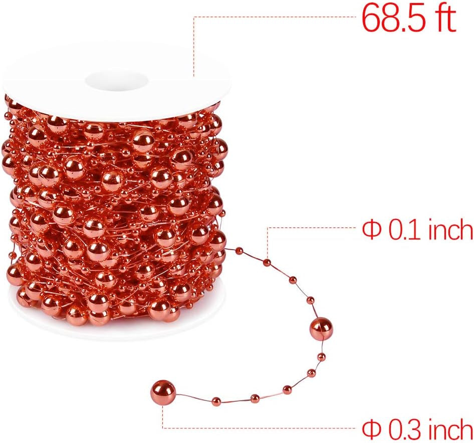 66 Feet Christmas Tree Beads Garland, Fishing Line Artificial Pearls Beads String Roll Chain Faux Pearl Beaded Trims for Wedding Christmas and Holiday DIY Supplies(1-Pack)