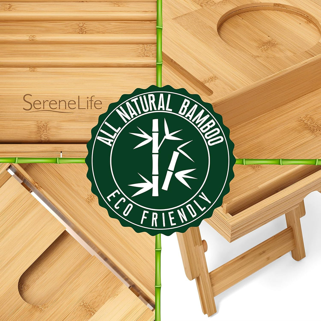 Serenelife Bath Caddy Breakfast Tray Combo - Natural Bamboo Wood Waterproof Tub and Bed with Folding Slide-Out Arms, Device Grooves, Wine Glass Soap Holder