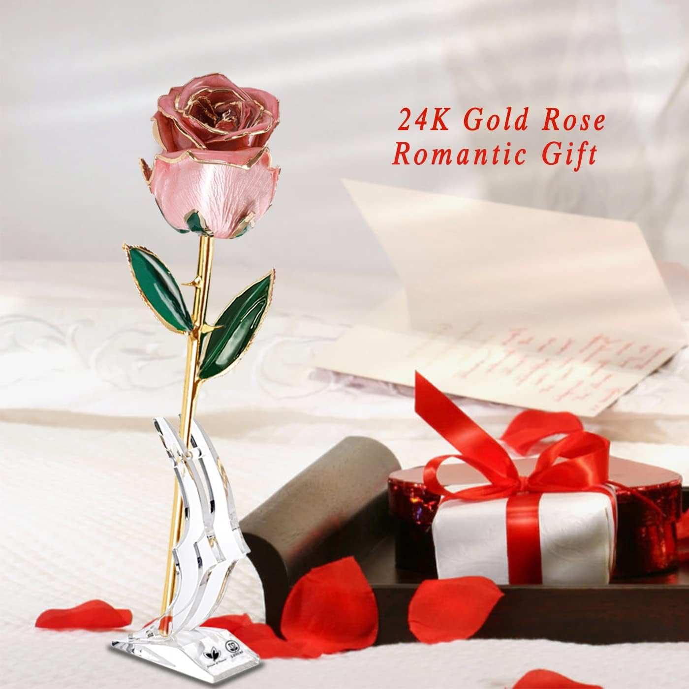 LOVCAS Birthday Gifts 24K Gold Rose, Gold Plated Rose Dipped Rose Everlasting Long Stem Real Rose, Rose Flower Gifts for Valentine'S Day/Christmas/Graduation/Best for Her,Mom,Wife,Women